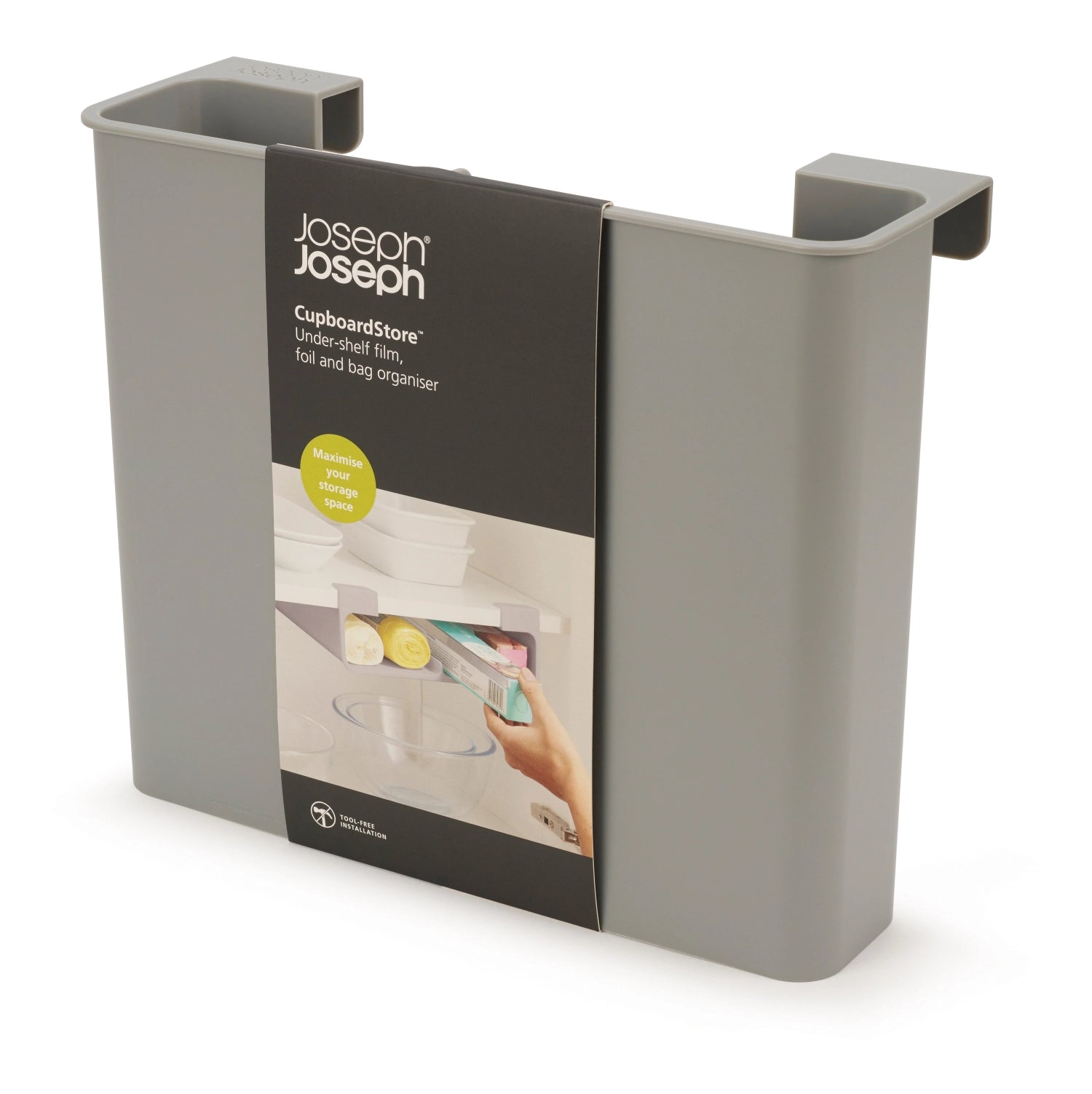 Praktischer Aufbewahrungsbeutel-Organizer von Joseph Joseph in modernem Grau, ideal für Frischhalte- und Aluminiumfolien, sorgt für Ordnung in der Küche.