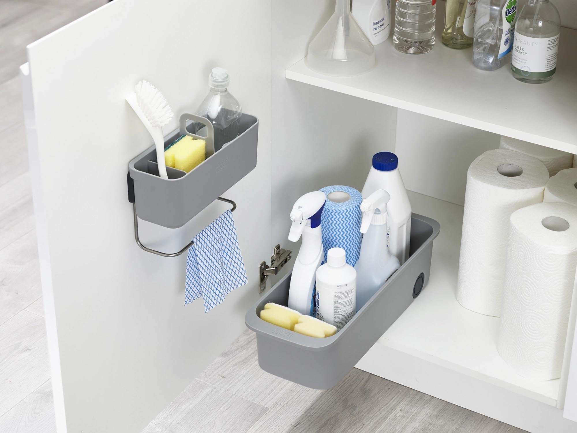 Effizienter Aufbewahrungs-Caddy für geordnete Küchen- und Badregale.