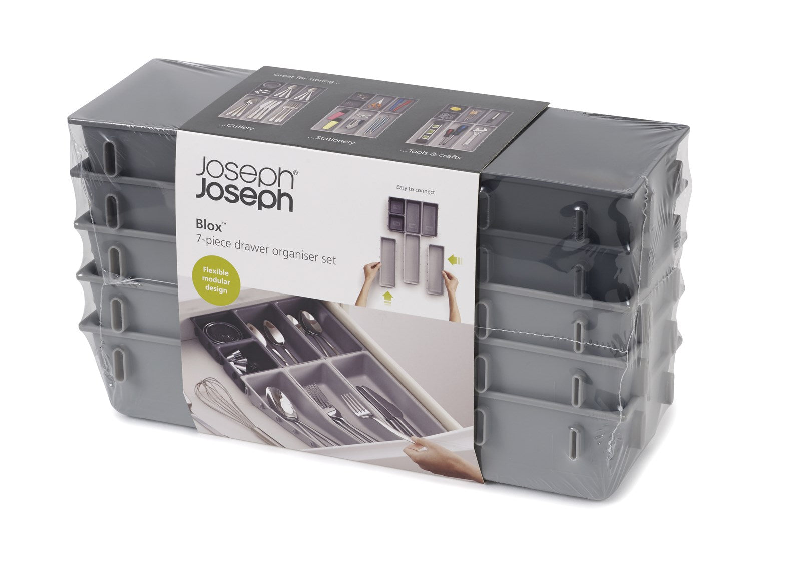 Optimale Ordnung in Schubladen mit dem vielseitigen 7-teiligen Blox-Organizer-Set von Joseph Joseph – für jeden Bedarf die passende Lösung.
