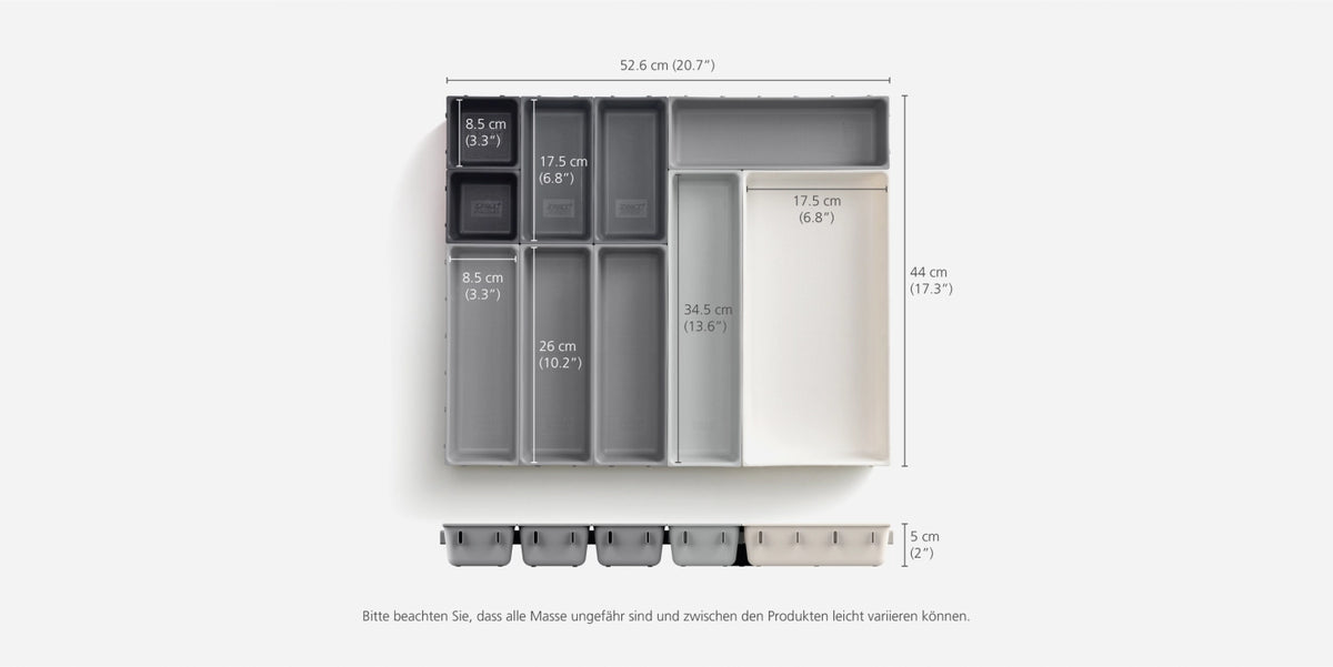 Blox 10-teiliges Schubladen-Organizer-Set in Silber präsentiert im Onlineshop von KAQTU Design AG. Aufbewahrungsbehälter ist von Joseph Joseph