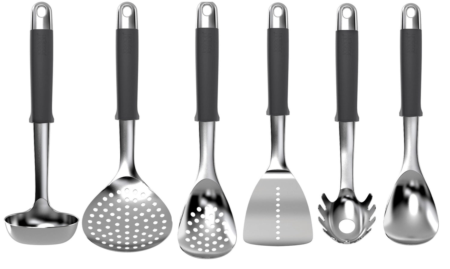 Elegantes Edelstahl-Kochlöffelset "Elevate" von Joseph Joseph, kombiniert Funktionalität mit modernem Design für müheloses Kochen.