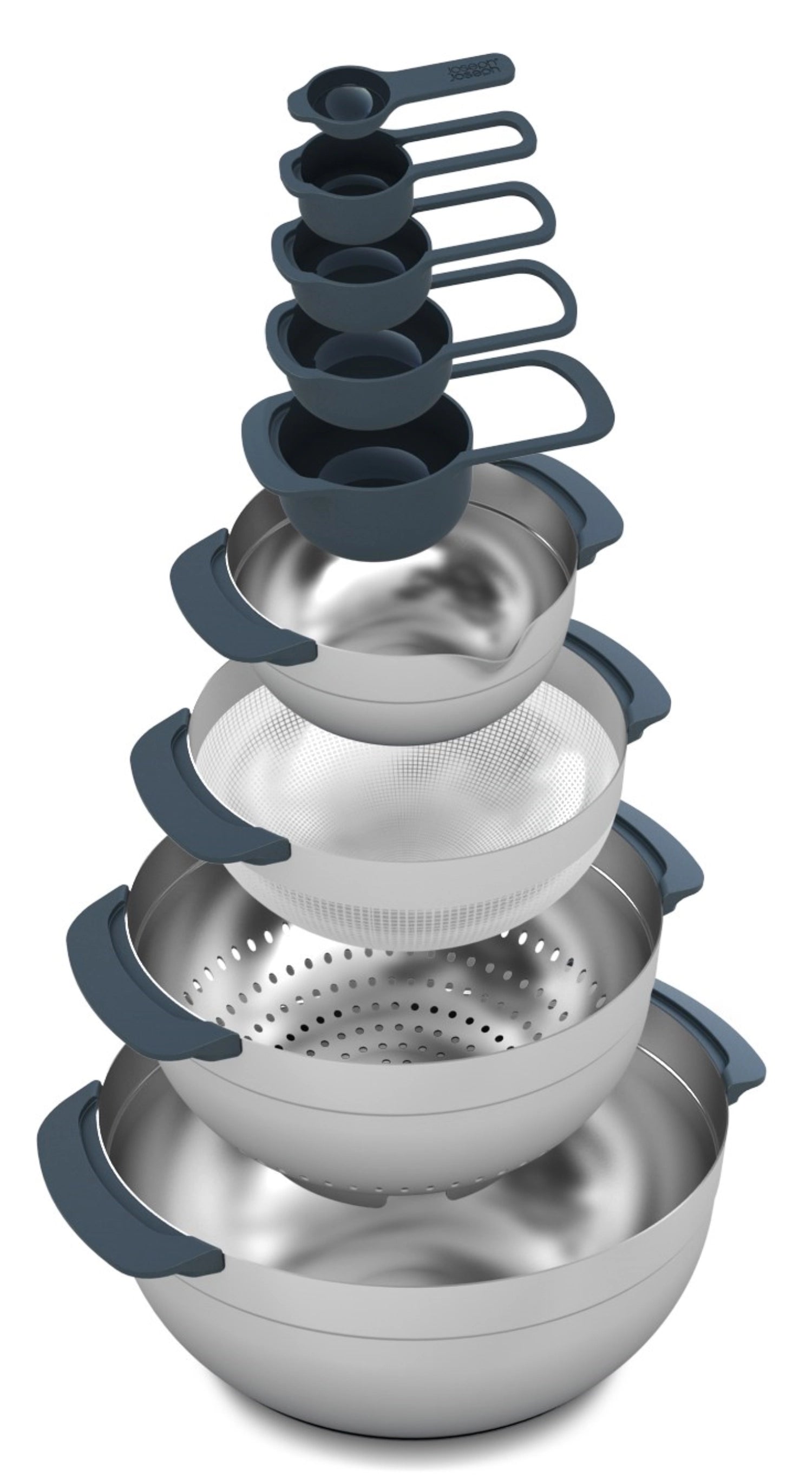 Praktisches 9-teiliges Messlöffelset der Nest Steel 9 Collection von Joseph Joseph, ideal für präzise Messungen und kompakte Lagerung.