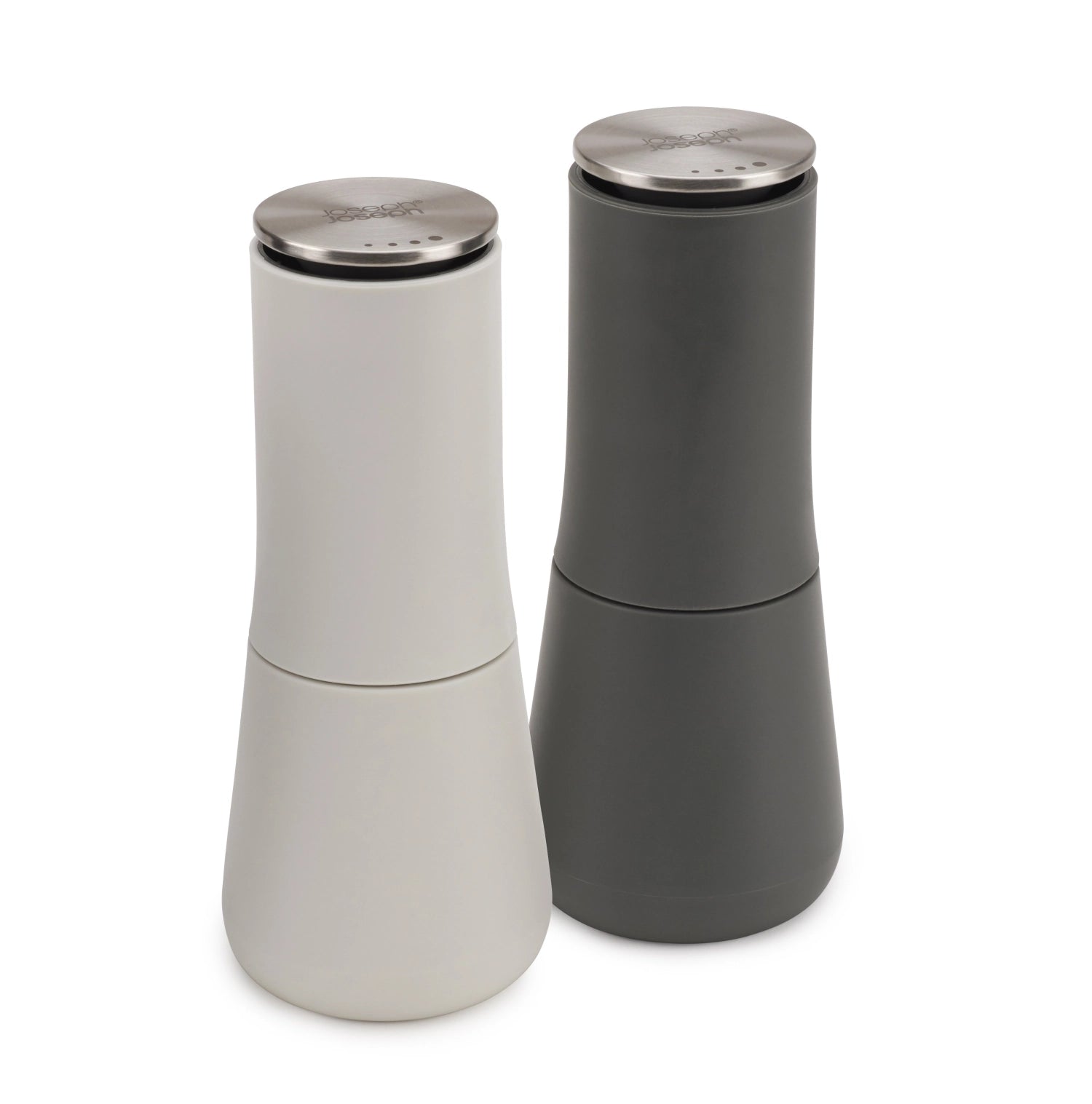 Modernes 2-teiliges Set aus grauen Salz- und Pfeffermühlen von Joseph Joseph, perfekt für die Küche und den Esstisch, Maße: 16.9x7x7 cm.