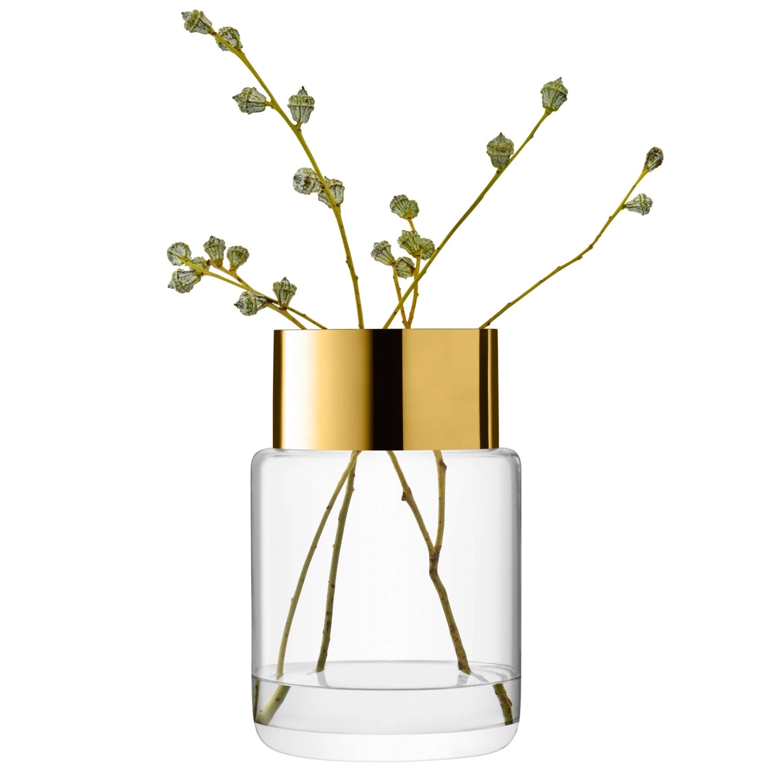 Elegante Aurum Vase von LSA, 30 cm hoch, aus klarem Glas mit edlen goldenen Akzenten, ideal für moderne Wohnräume und als Blickfang.