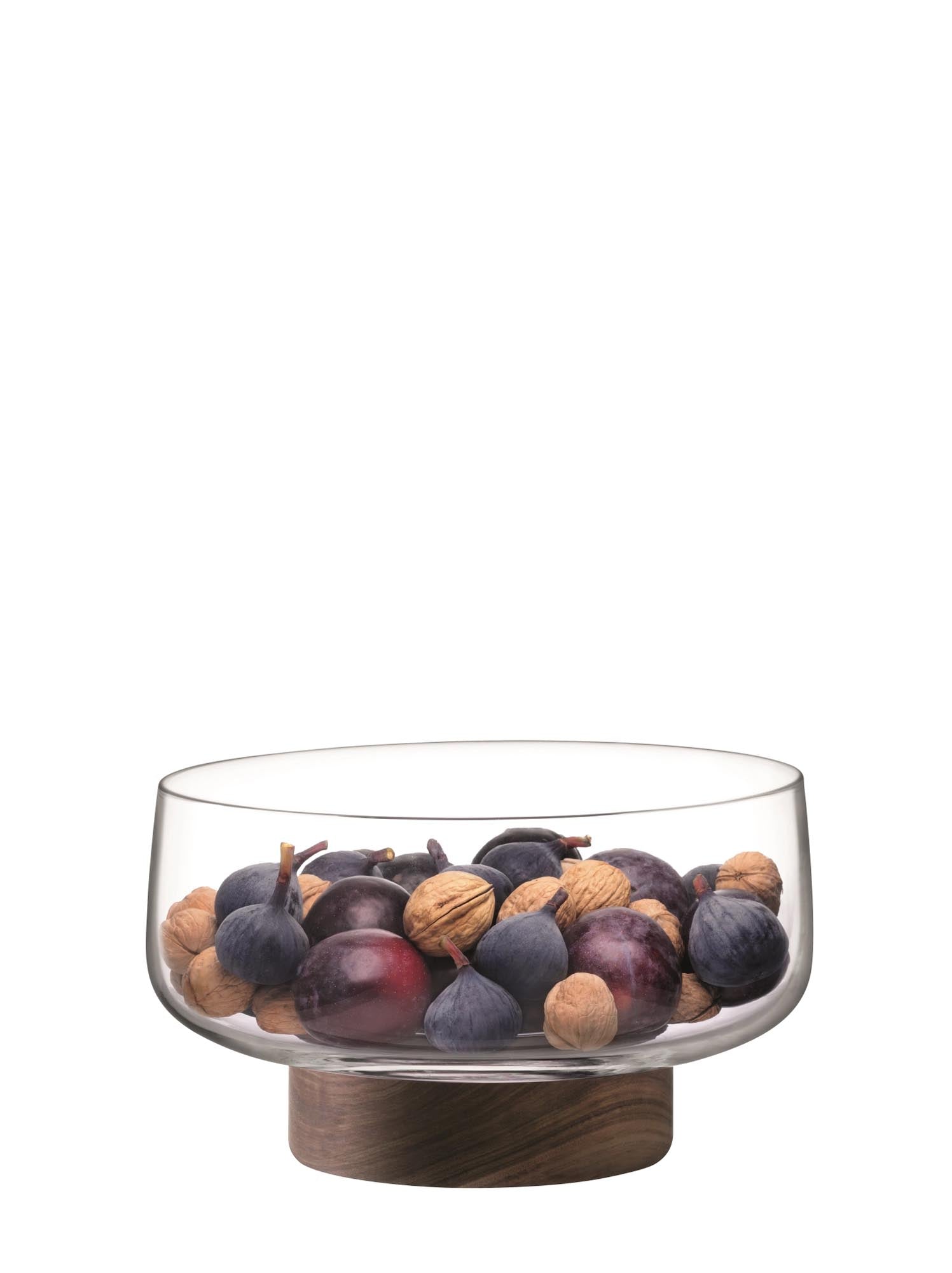 Stilvolle LSA City Schale mit Nussbaum-Base, Ø30cm, transparent.
