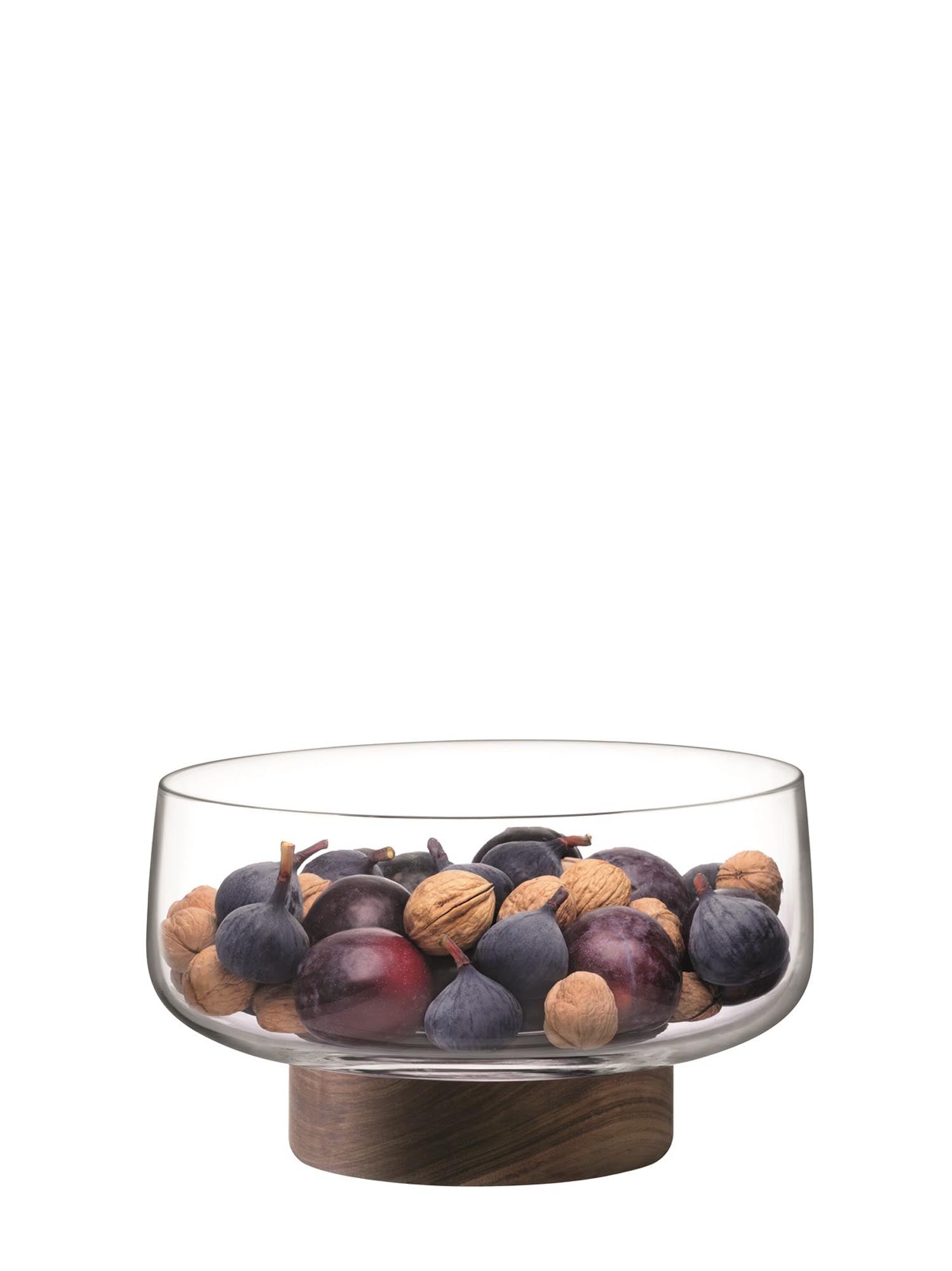 Stilvolle City Schale aus klarem Glas mit Nussbaum Untersetzer, Ø30cm, perfekt als Pfannenuntersetzer für moderne Küchen.