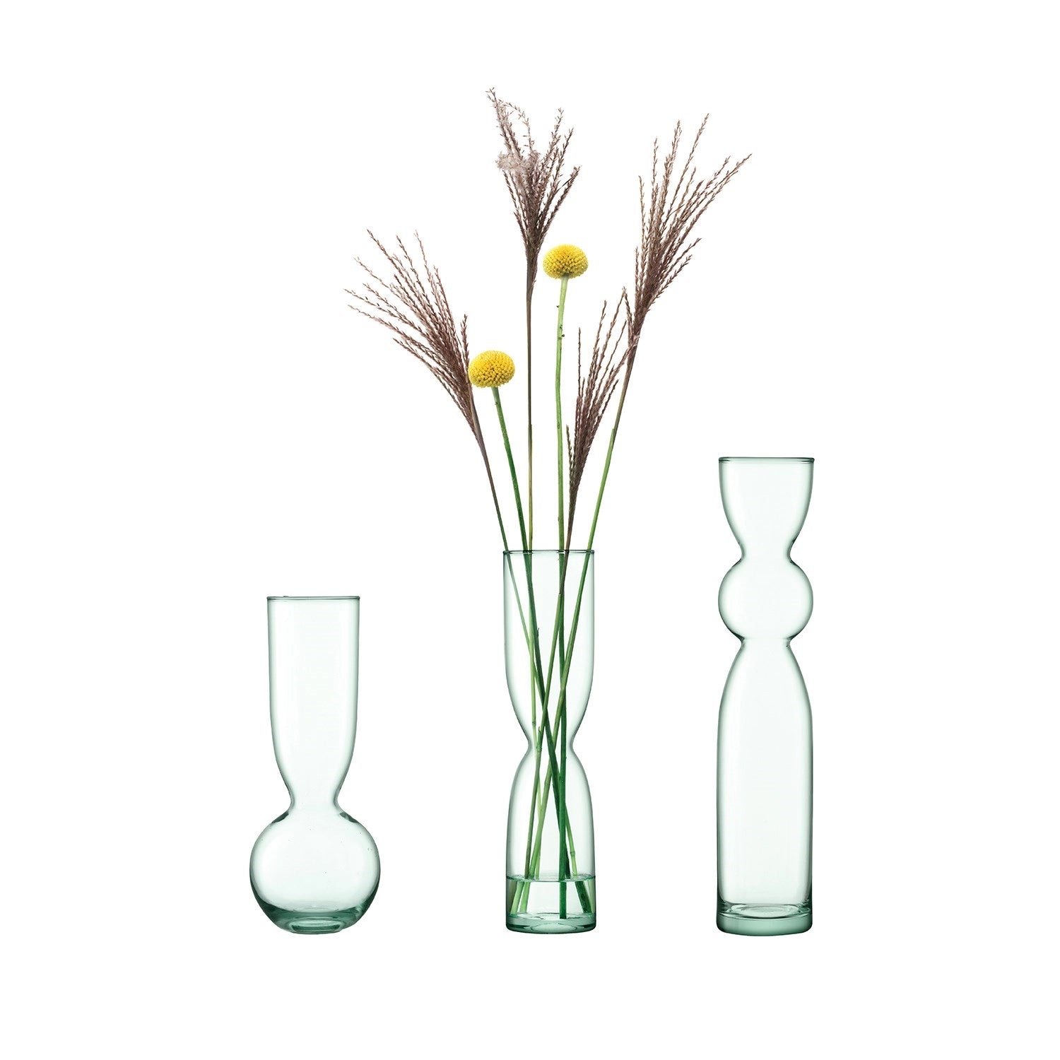 Drei stilvolle Vasen in verschiedenen Höhen (25 cm, 30 cm, 35 cm) aus recyceltem Material, perfekt für kreative Blumenarrangements und moderne Wohnakzente.
