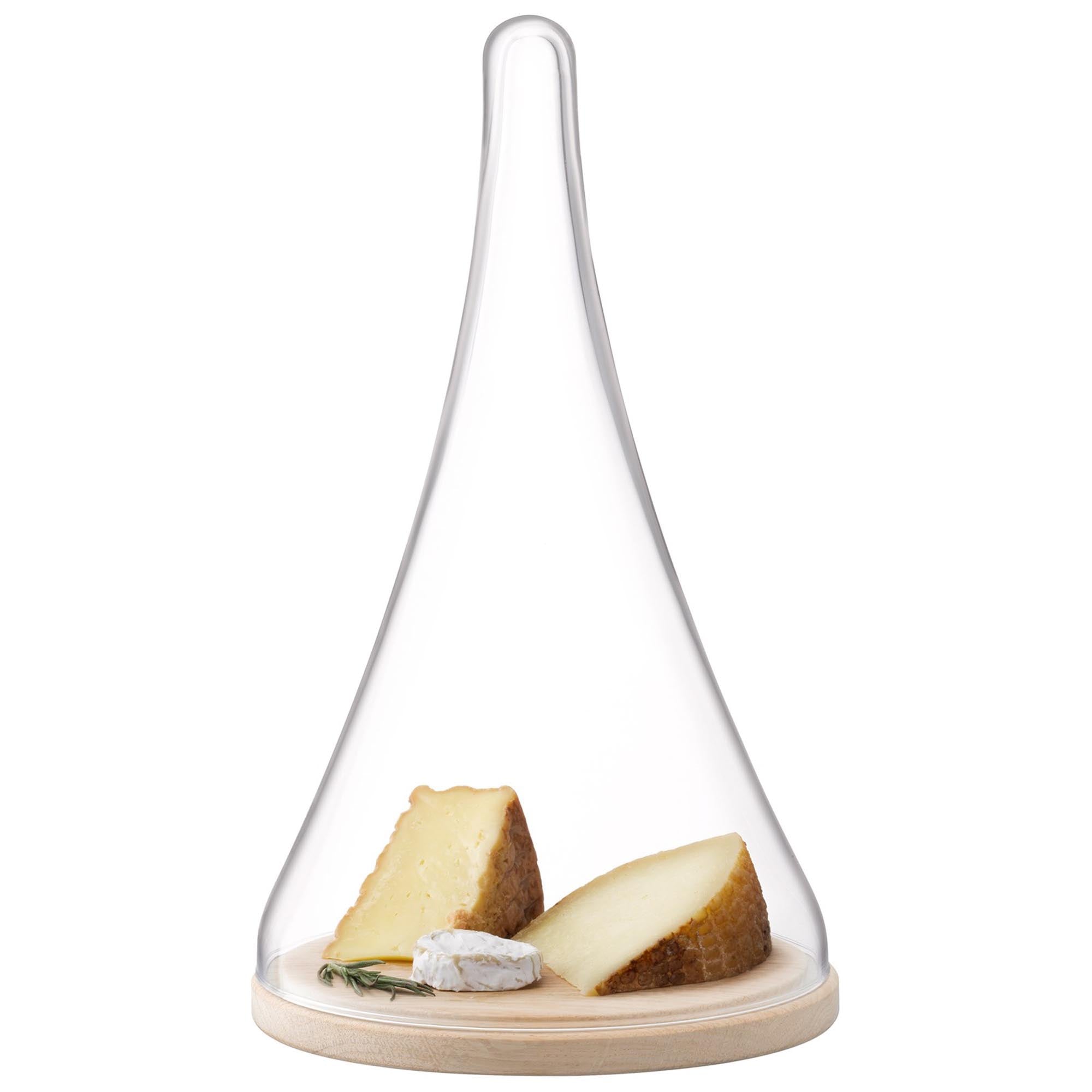 Elegante Cloche Dome Platte aus Eichenholz und Glas, Ø21cm, H35.5cm, ideal für Käse, Obst und Desserts.
