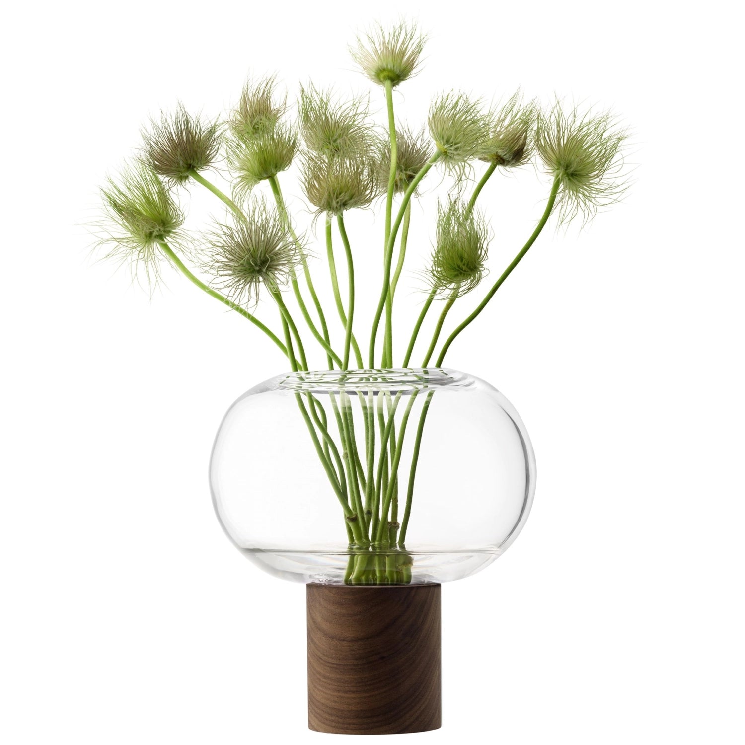 Elegante Oblate Vase aus klarem Glas mit Walnussakzenten, Ø19.5cm, H21.5cm, ideal für stilvolle Blumenarrangements und moderne Inneneinrichtung.
