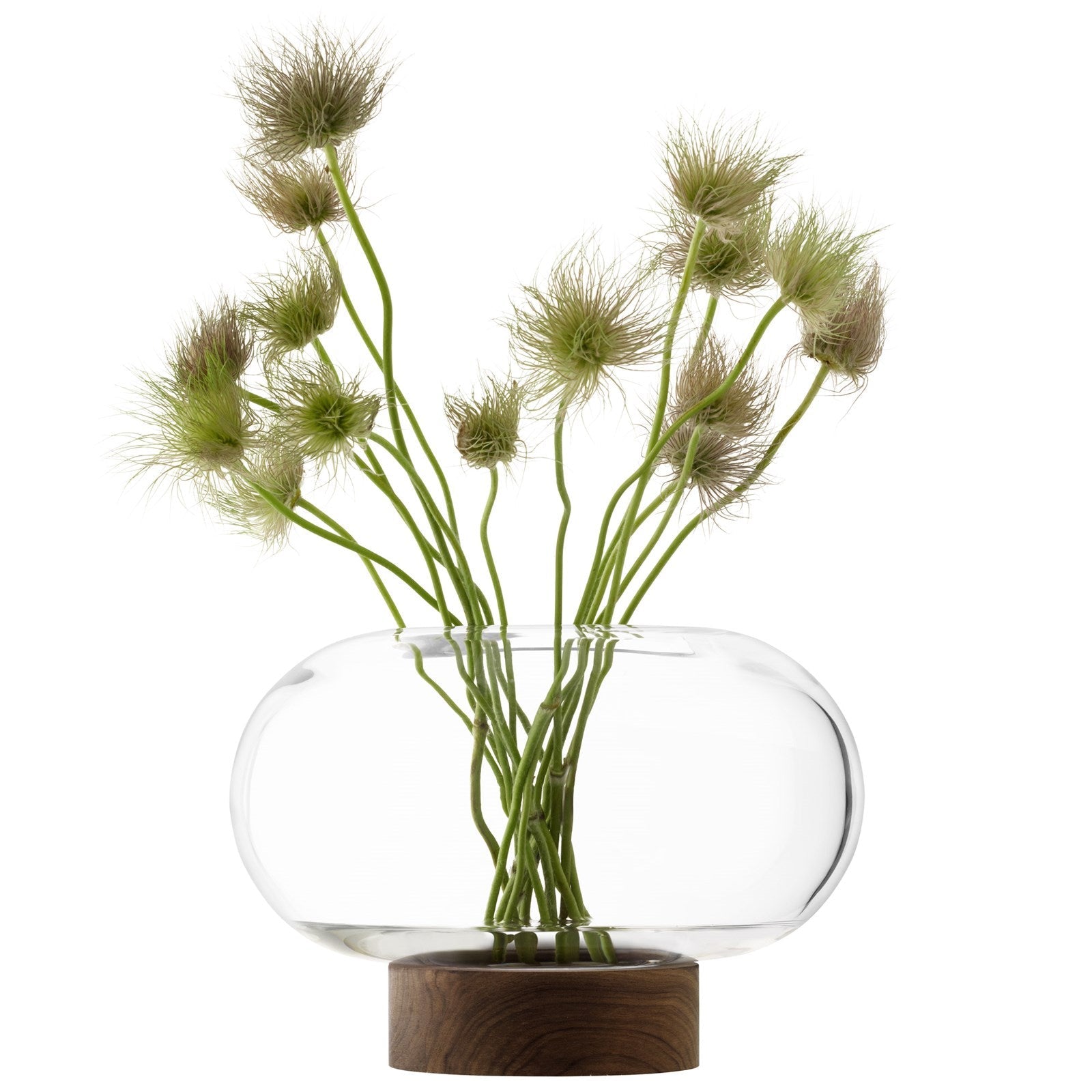 Stilvolle LSA Vase-Laterne aus klarem Glas und Walnuss, Ø28cm, H19.5cm.