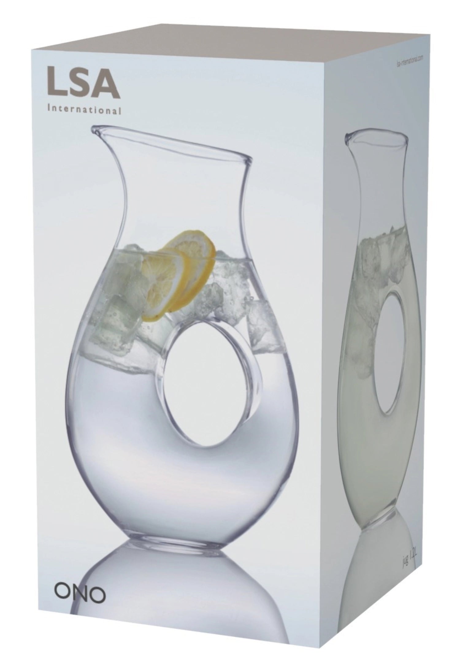 Moderner Wasserkrug Ono 1.2L aus transparentem Glas von LSA, ideal für erfrischende Getränke und ansprechende Tischgestaltung.