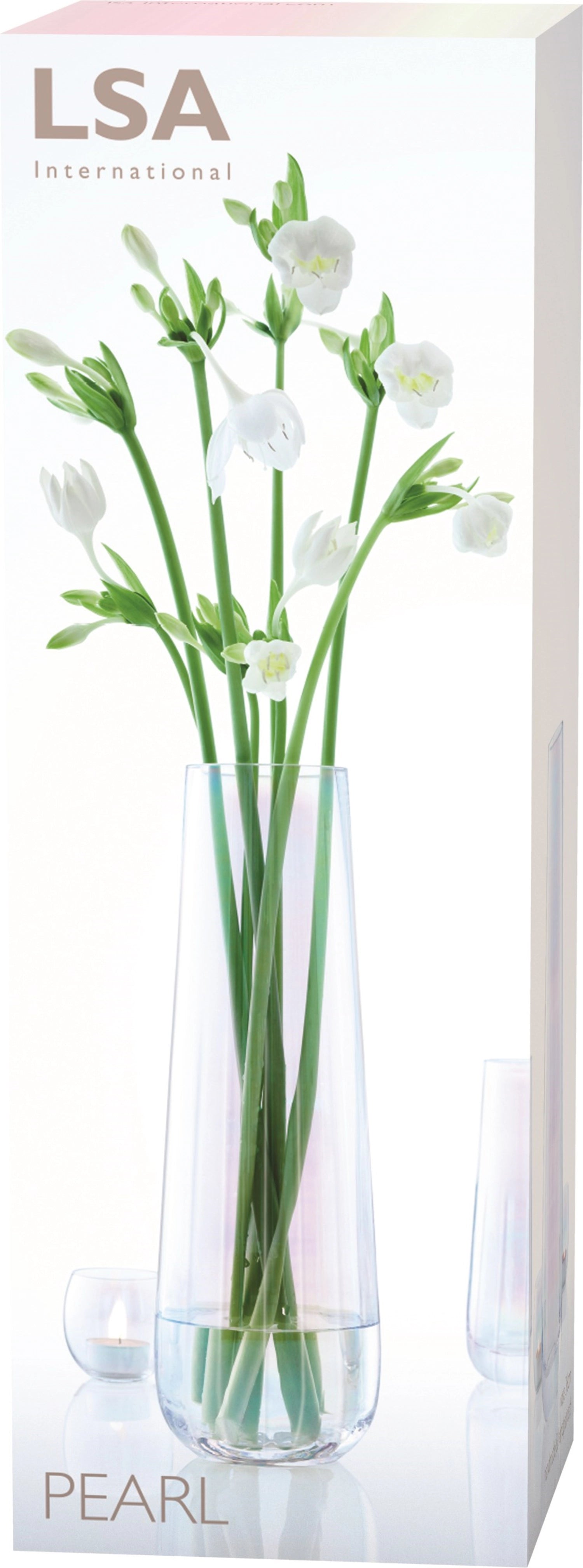Schlichte, perlmuttfarbene Vase von LSA, 36 cm hoch, perfekt für moderne Wohnräume und kreative Blumenarrangements.