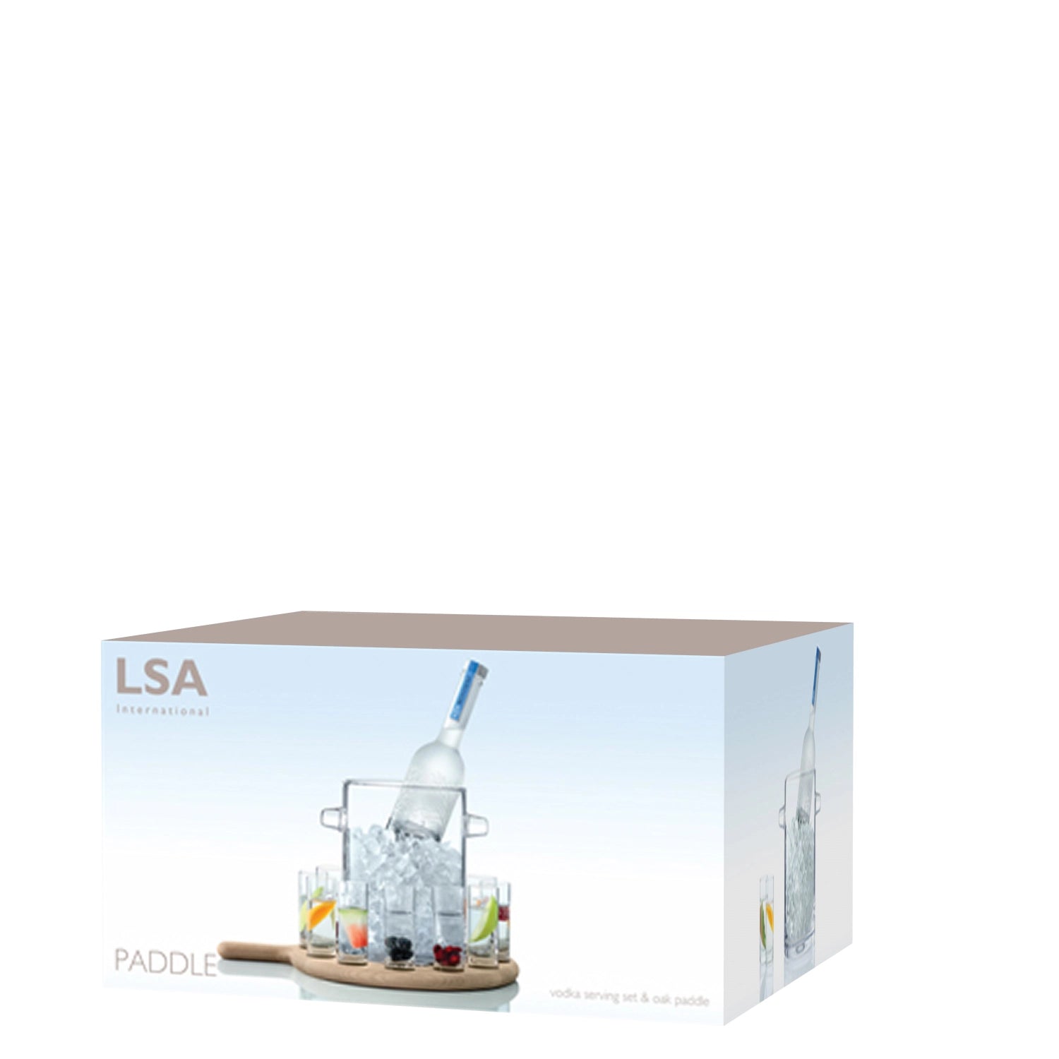 Elegantes Paddle Wodka Servierset aus hochwertiger Eiche und klarem Glas, ideal für stilvolle Schnapspräsentationen und besondere Anlässe.