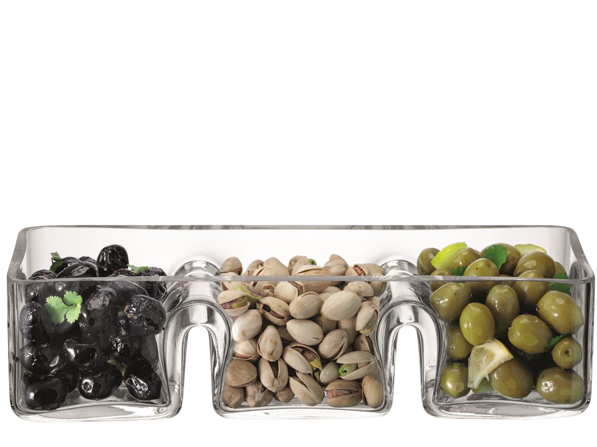 Die LSA Serve Trio Schale (30x11cm) aus klarem Glas ist perfekt für stilvolle Präsentationen von Snacks und Desserts und bringt Eleganz auf jeden Tisch.