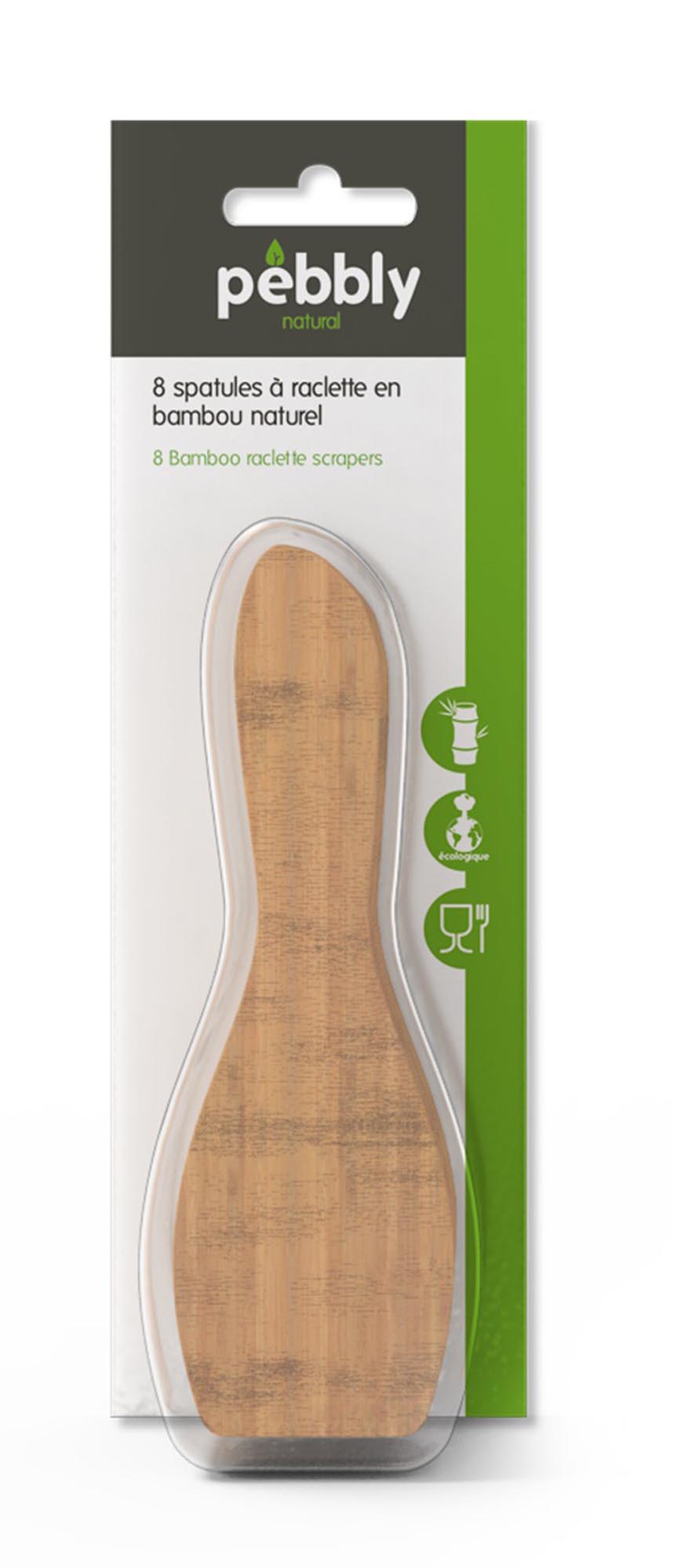 Entdecken Sie das 8er Set Pebbly Raclette Schaber aus natürlichem Bambus (13x5cm) – ideal für gesellige Raclette-Abende, nachhaltig und langlebig.