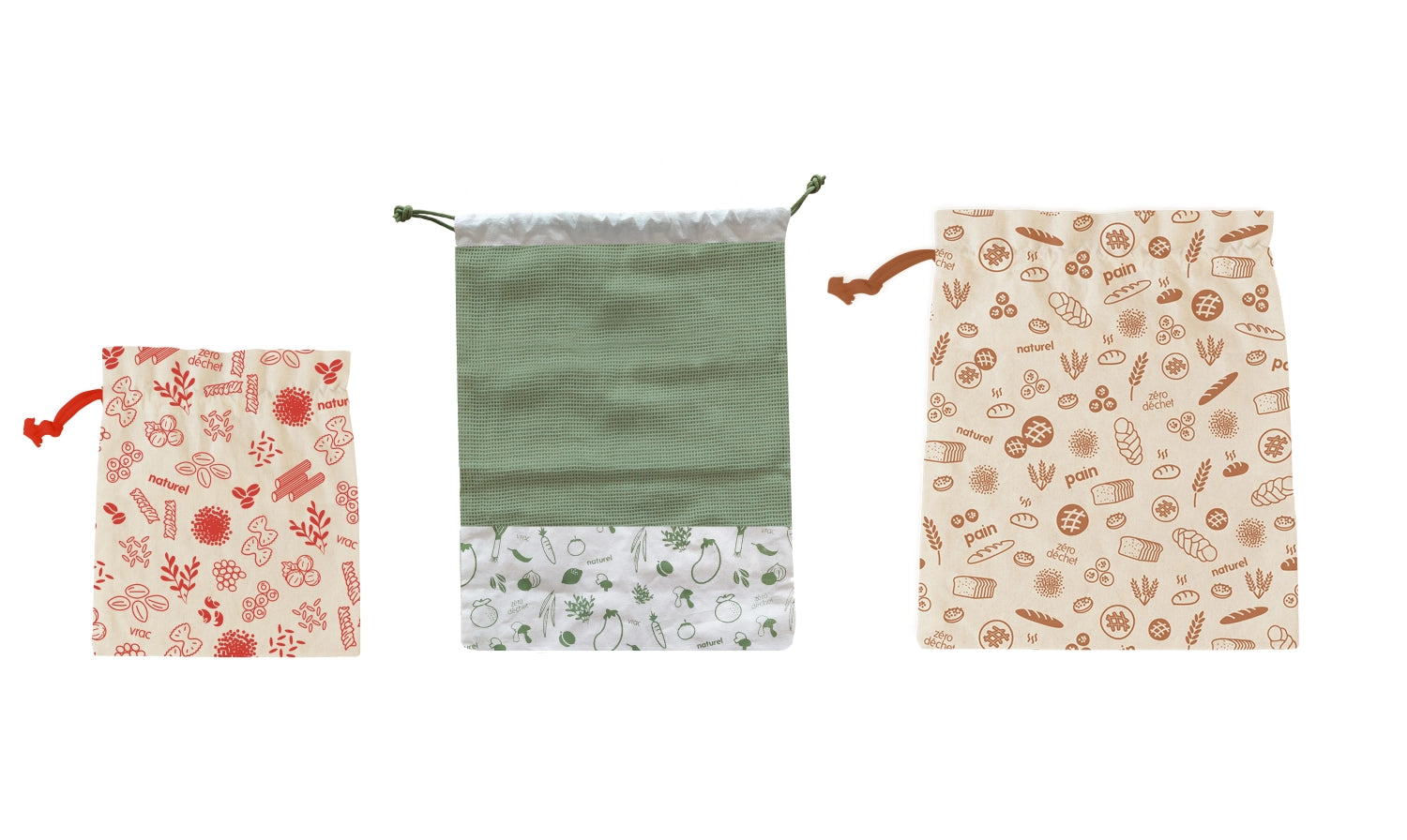 Praktisches 3er Set Stoffbeutel in verschiedenen Größen (25x30cm, 30x40cm, 40x34cm) von Pebbly, ideal für umweltfreundliches Einkaufen und Aufbewahrung.