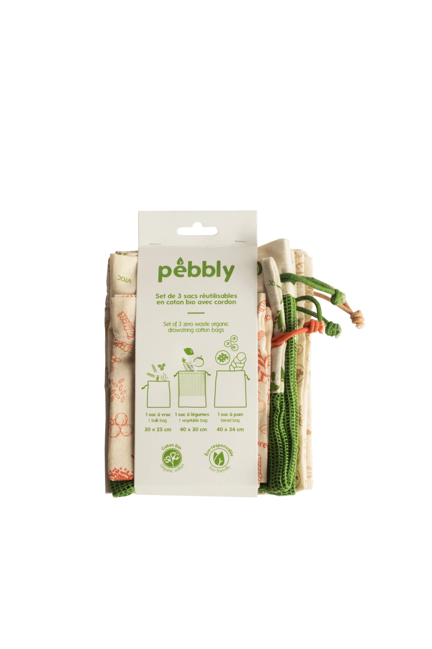 Praktisches 3er Set von Pebbly mit Stoffbeuteln in drei Größen (25x30cm, 30x40cm, 40x34cm) – ideal für umweltfreundliche Nutzung und stilvolle Organisation.