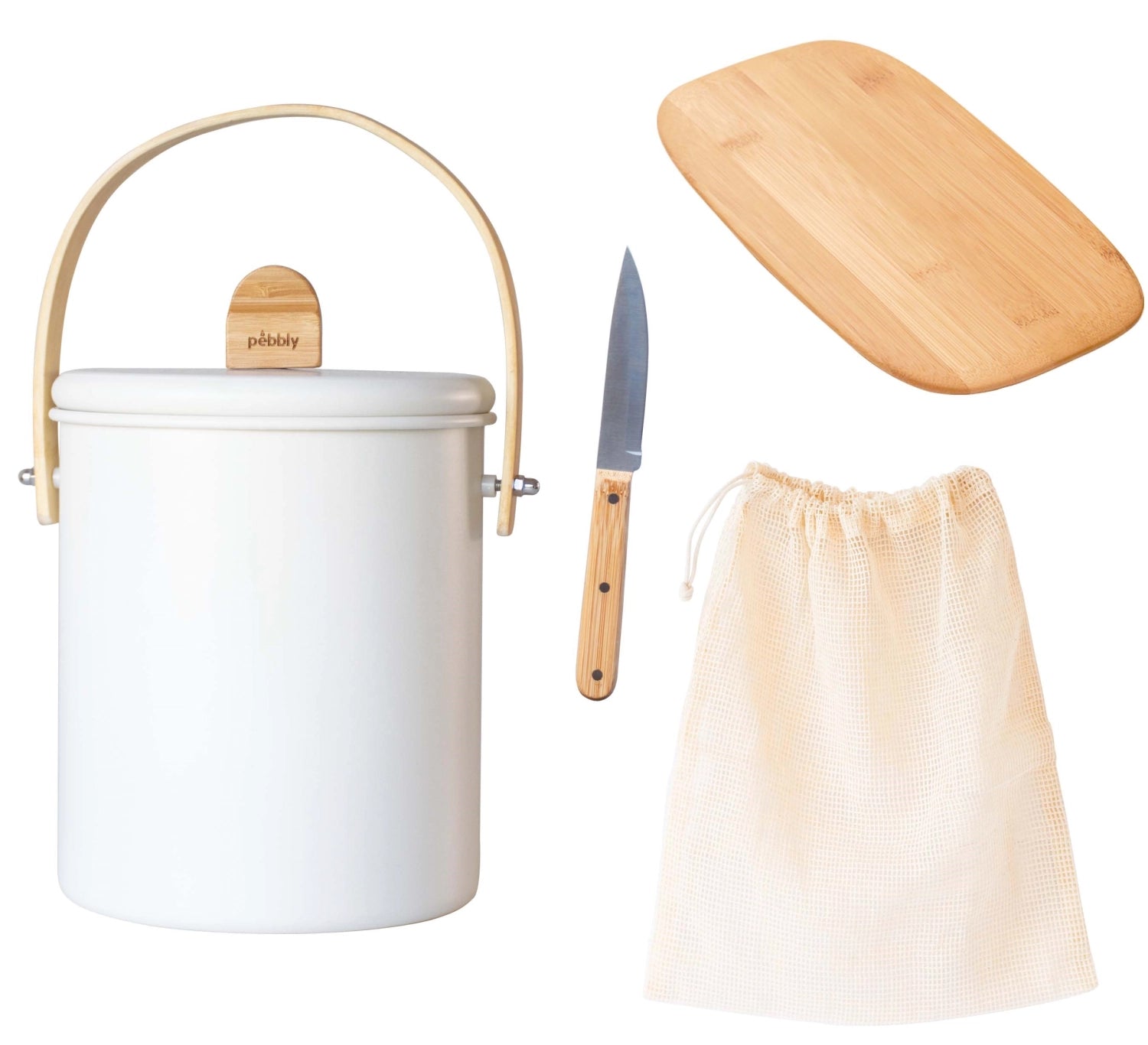 Nachhaltiges 4-teiliges Pebbly Zero Waste Set mit Schneidebrett, Messern und Sack, ideal für umweltbewusste Küchenliebhaber.
