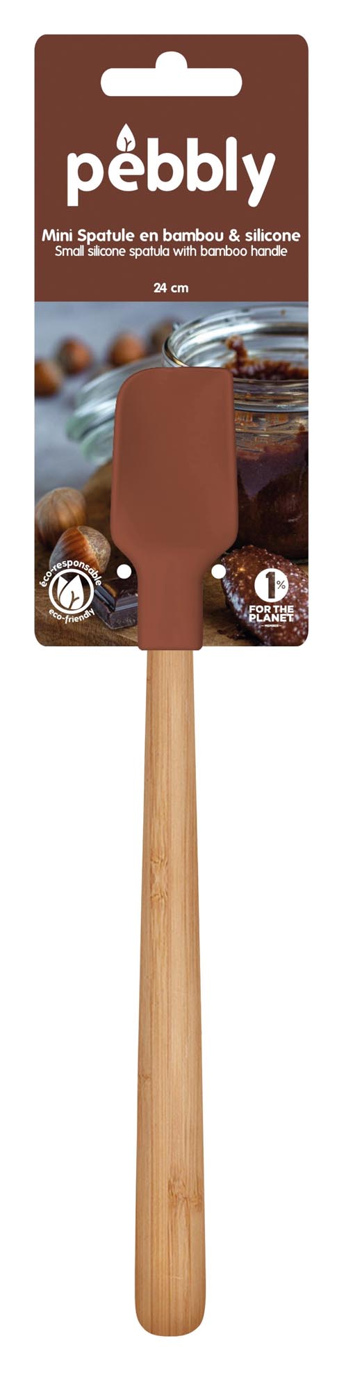 Entdecken Sie den Pebbly Mini Spachtel in Schokolade (24 cm) – ein elegantes Backutensil aus langlebigem Bambus und flexiblem Silikon, perfekt für Hobbybäcker!