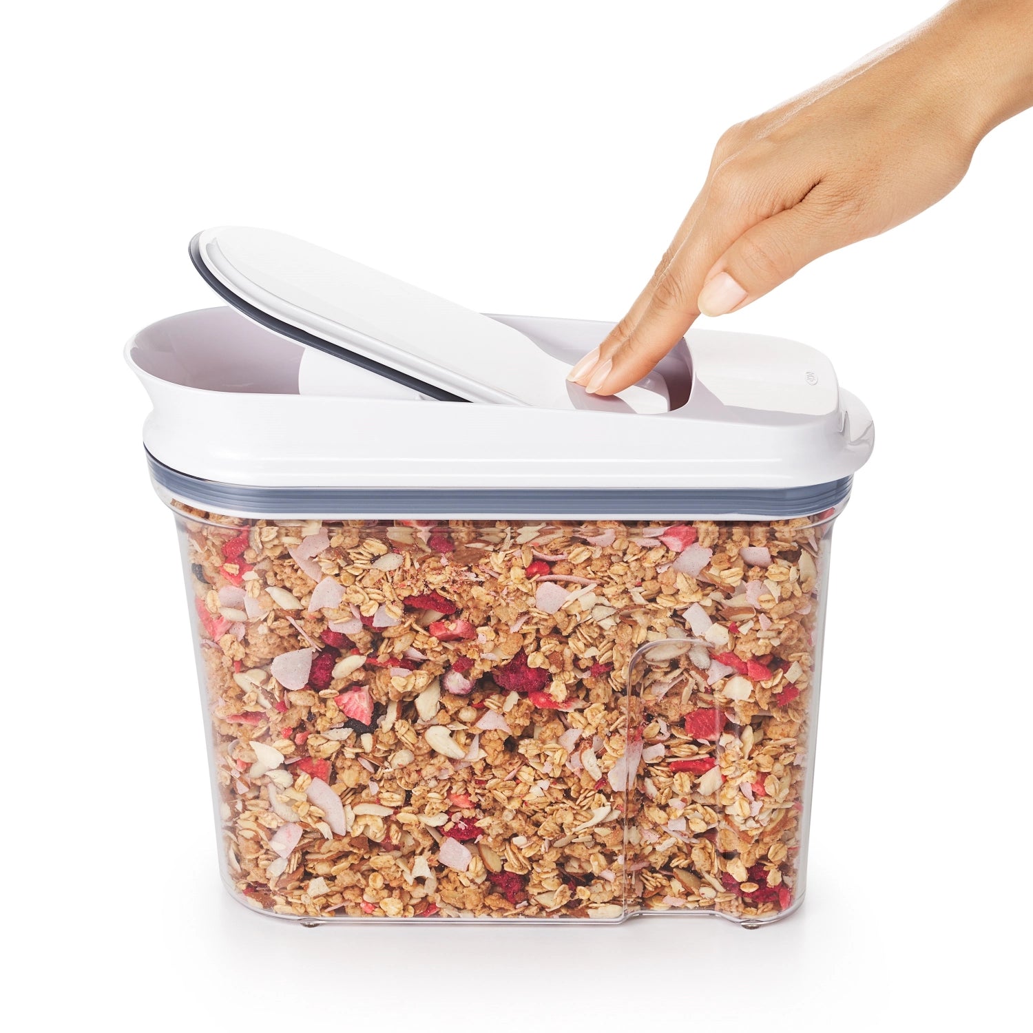 Kleiner OXO Cerealien Dispenser mit 2,3 l Fassungsvermögen, ideal für die praktische Aufbewahrung von Müsli und Snacks in der Küche.