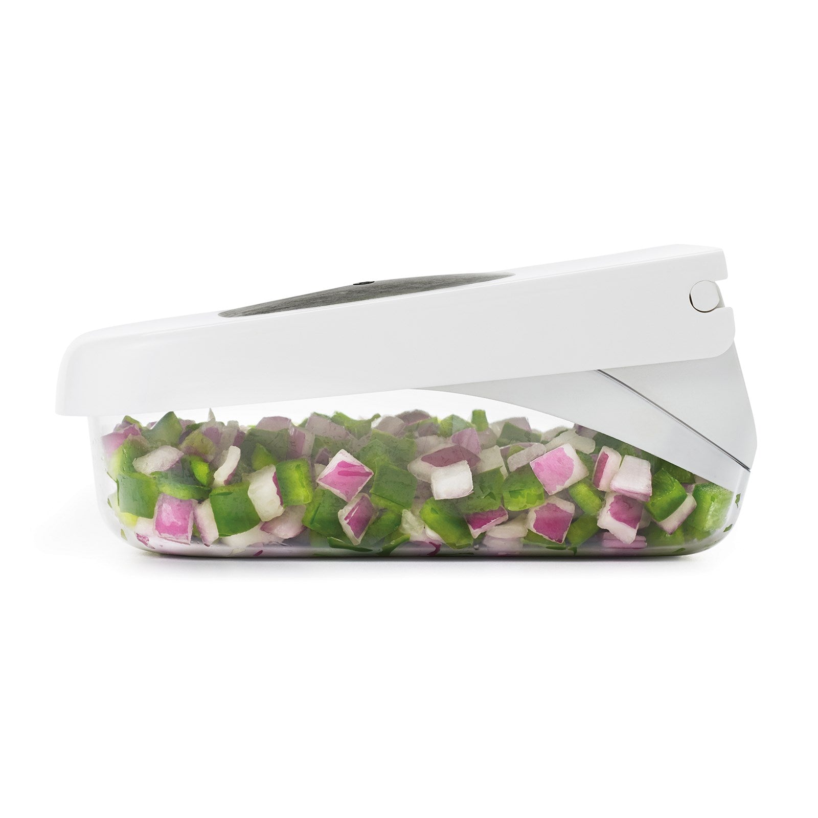 Der OXO Gemüse-Zwiebelschneider in Weiss: Präzises Schneiden, ergonomisch, spülmaschinenfest. Ein Must-Have für jede Küche!