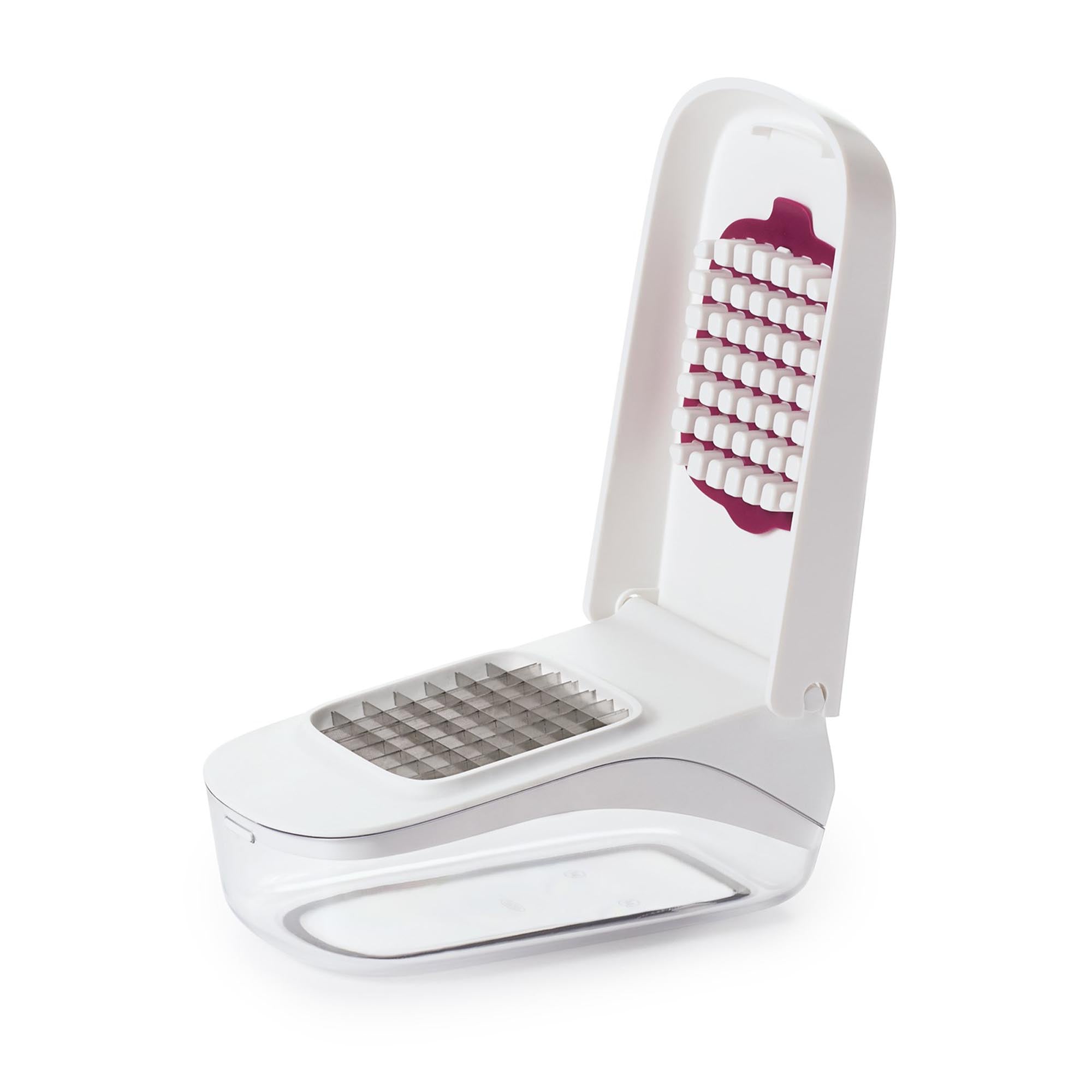Der OXO Gemüse-Zwiebelschneider in elegantem Weiss vereinfacht das Schneiden von Zwiebeln und Gemüse. Ergonomisch, platzsparend und leicht zu reinigen!