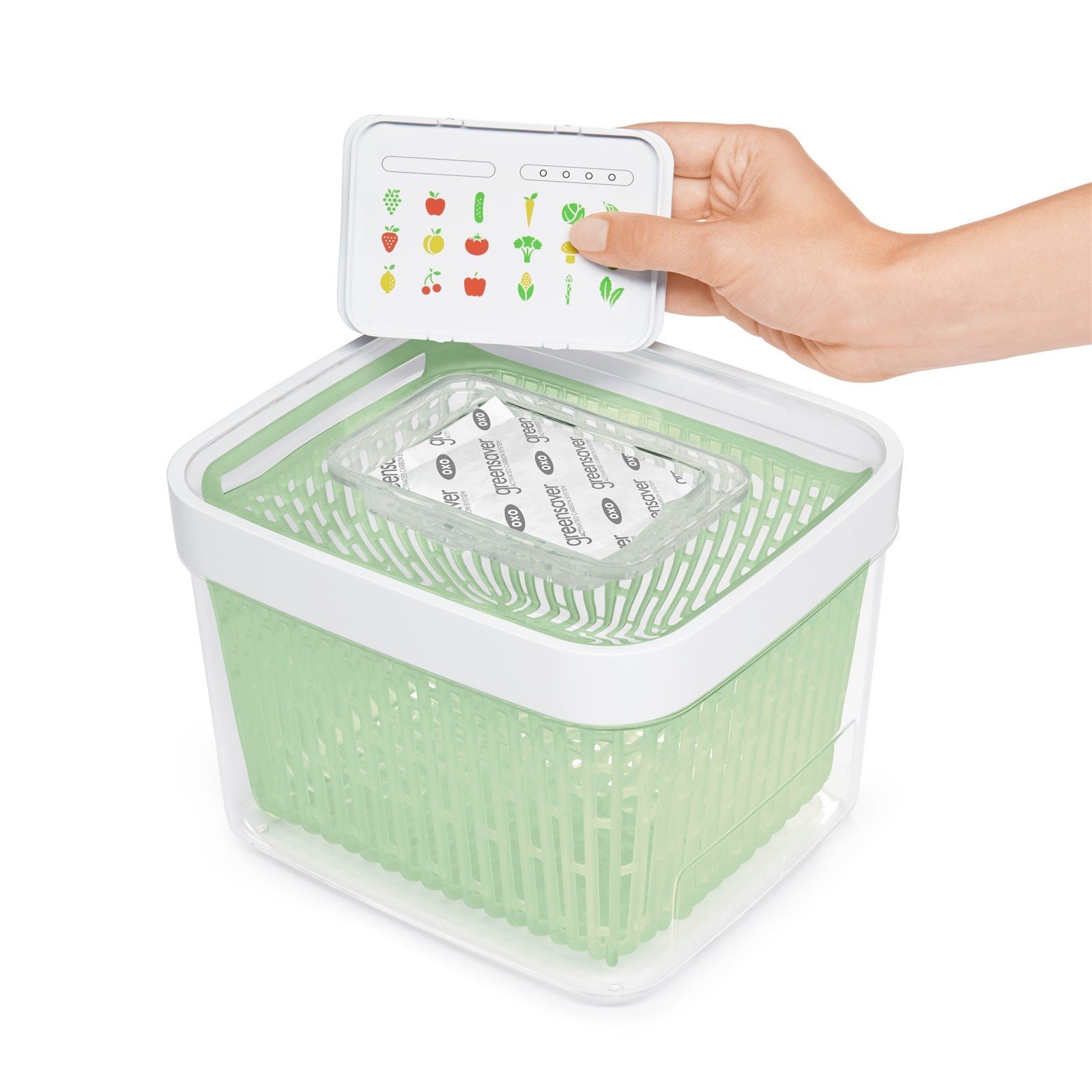 OXO Greensaver Aufbewahrungsbehälter: Ideal für frische Lebensmittel! Mit integriertem Aktivkohlefilter, luftdicht und robust, 22x19x15,4 cm.