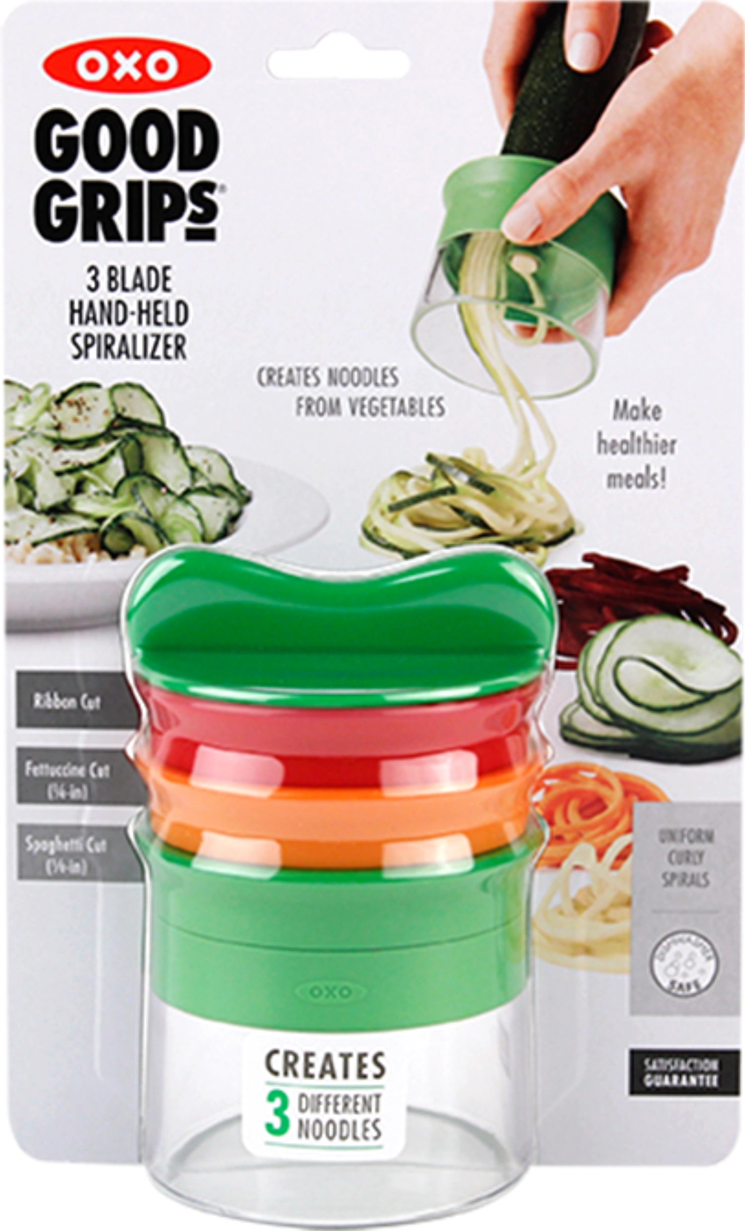 Praktischer Hand-Spiralizer von OXO mit drei austauschbaren Klingen, perfekt für kreative Gemüsespiralen und gesunde Mahlzeiten.