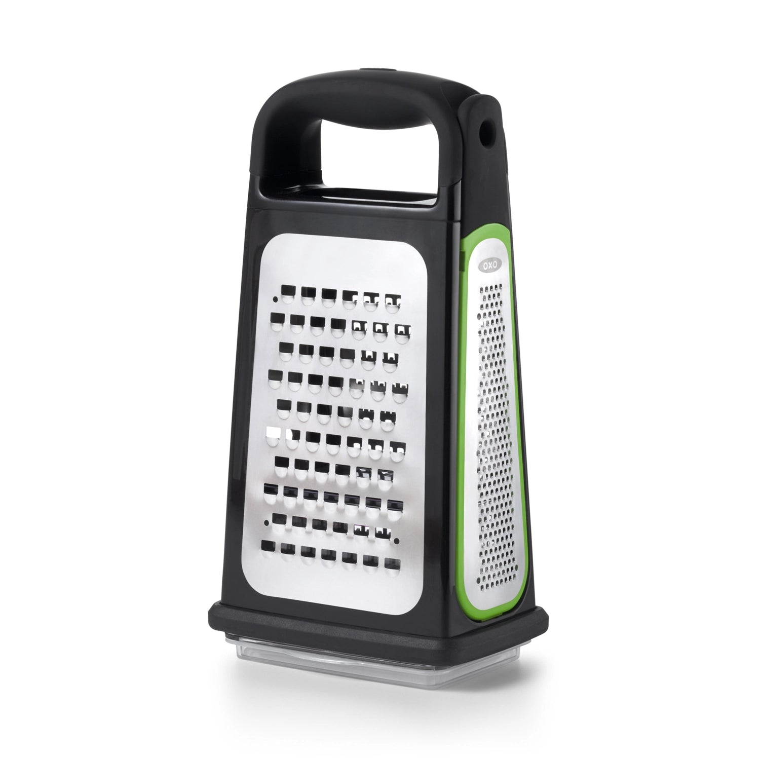 Praktische OXO Kastenreibe mit abnehmbarem Zestenreisser, perfekt zum Reiben und Zesten von Lebensmitteln. Ergonomisch gestaltet für einfachen Gebrauch.