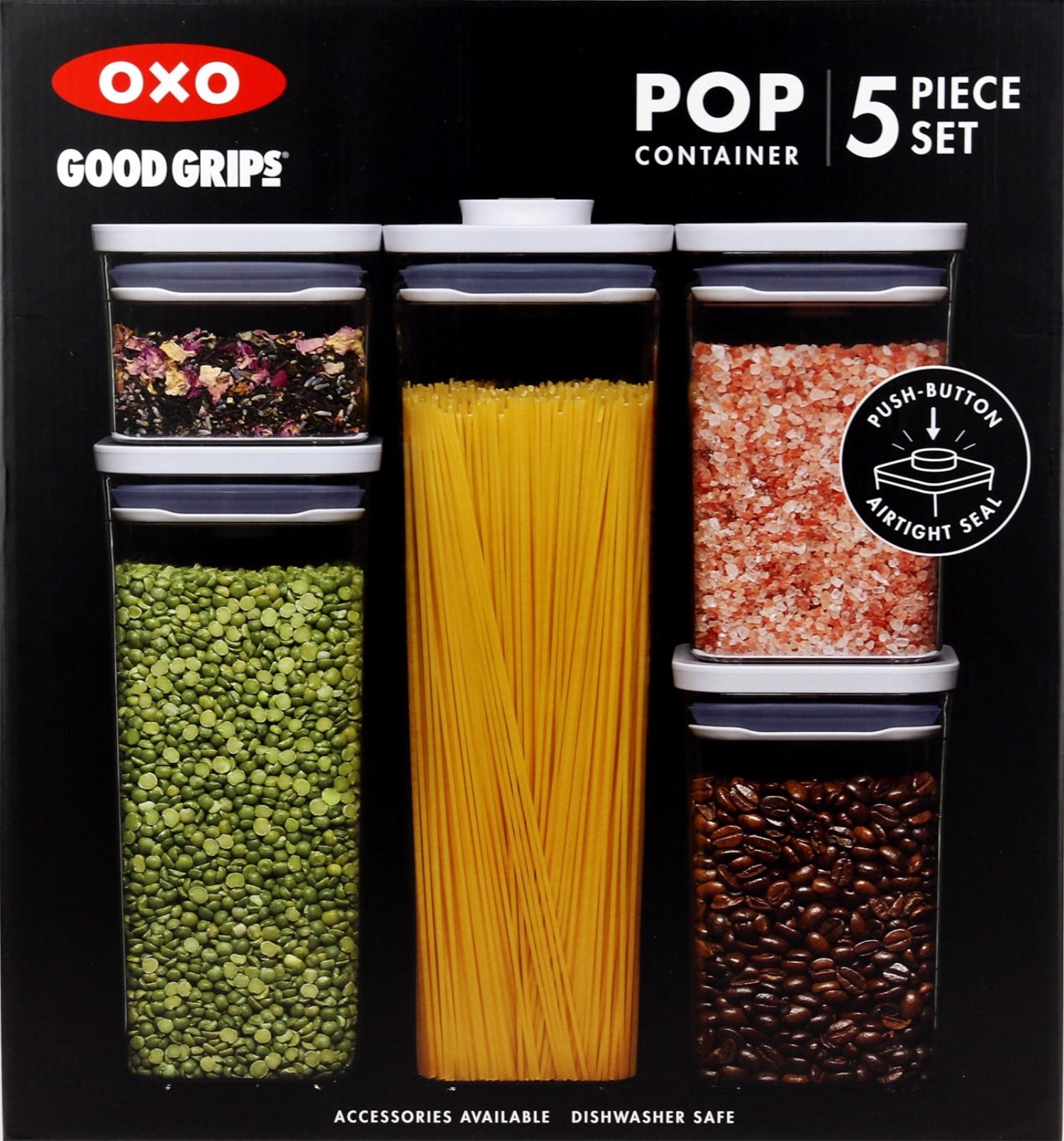 Vielseitiges 5-teiliges OXO Good Grips POP Container Set in verschiedenen Größen, ideal zur Aufbewahrung und Frischhaltung von Lebensmitteln.