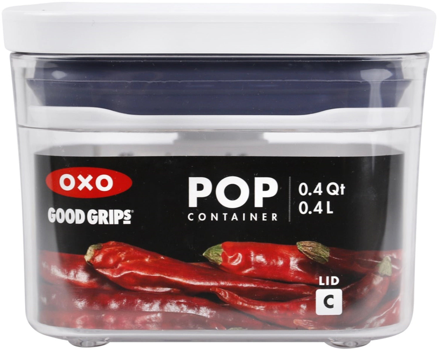 Kleiner quadratischer OXO POP 2.0 Behälter, ideal für die Aufbewahrung von Lebensmitteln, mit einem Volumen von 0.4 l und kompakten Maßen von 10.6x10.6x8 cm.