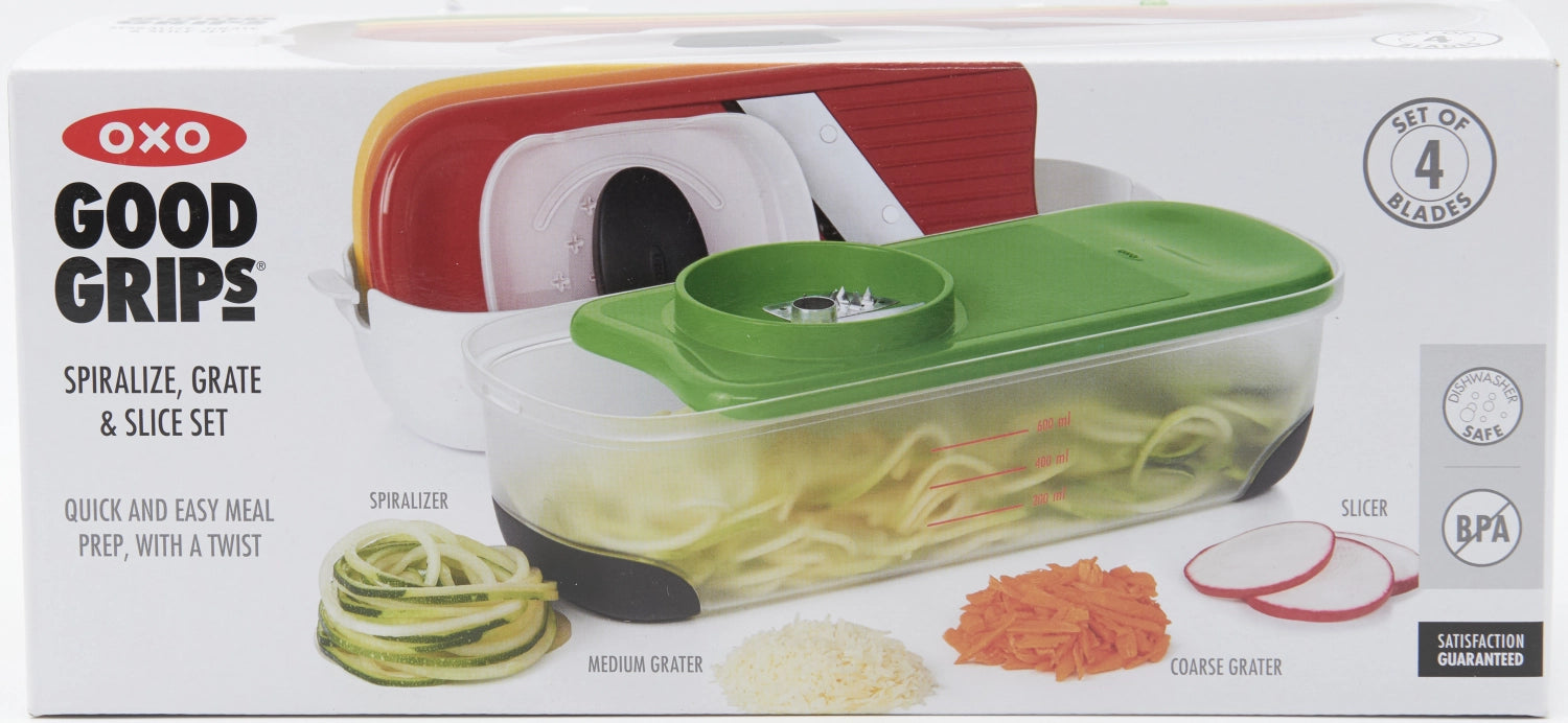 Praktisches Mandoline Set von OXO, ideal für schnelles und gleichmäßiges Schneiden, mit ergonomischem Design und austauschbaren Klingen für vielseitige Anwendungen.