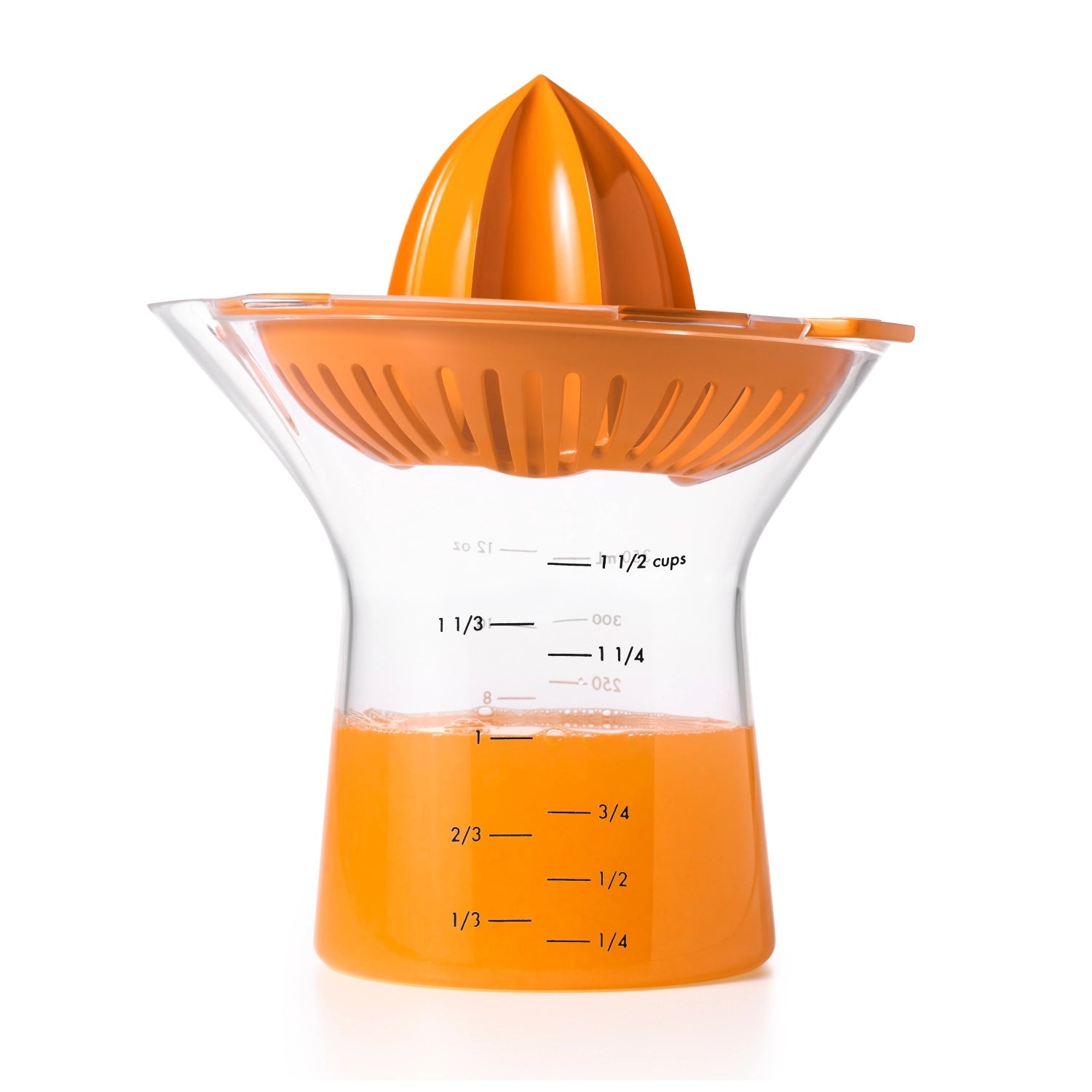Effiziente 2-in-1 Zitruspresse von OXO, 350ml Kapazität, perfekt für frischen Saft. Ergonomisches Design, einfach zu reinigen.