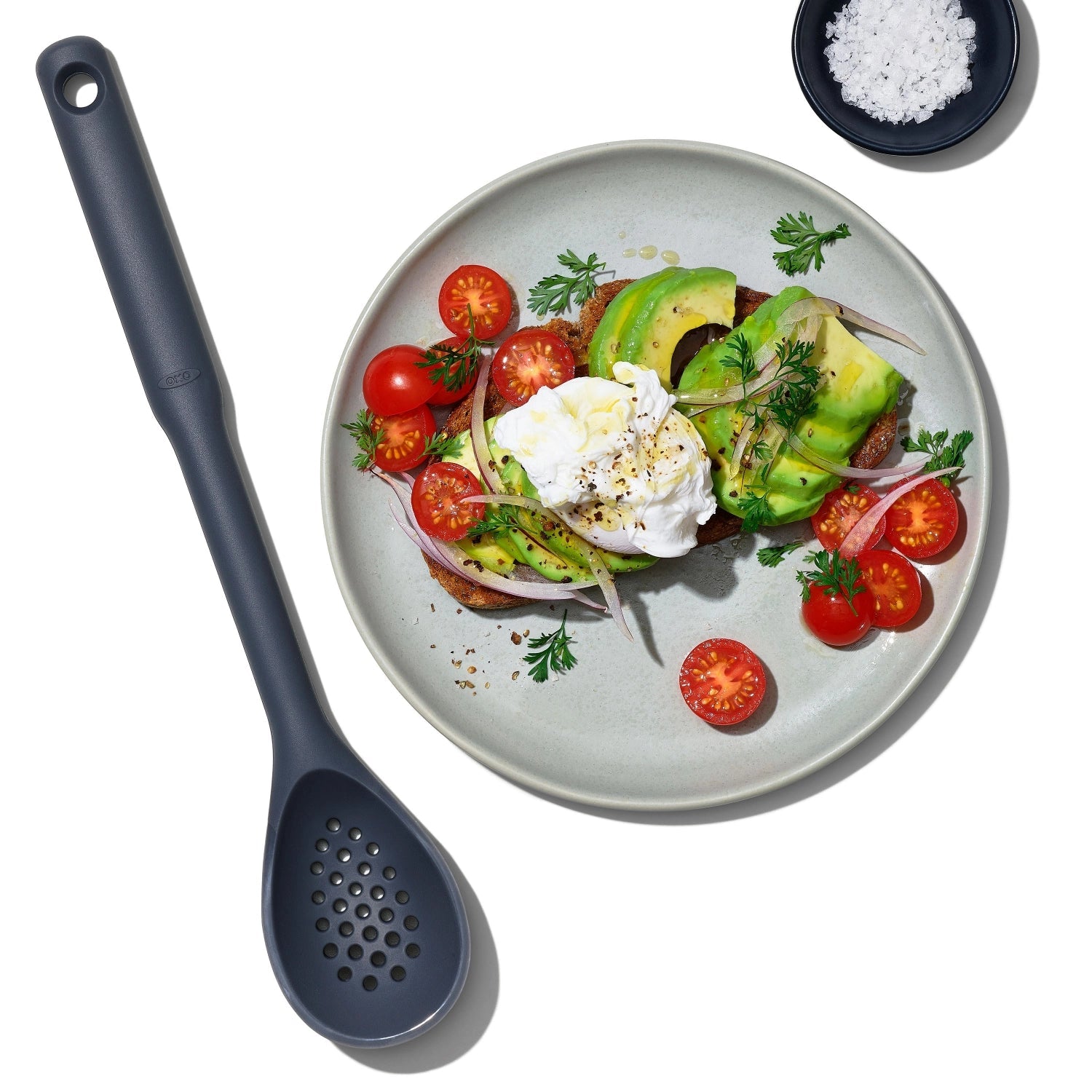 Silikon-Schaumlöffel von OXO, hitzebeständig und schonend zu beschichtetem Kochgeschirr, ideal zum Servieren und Abschöpfen.