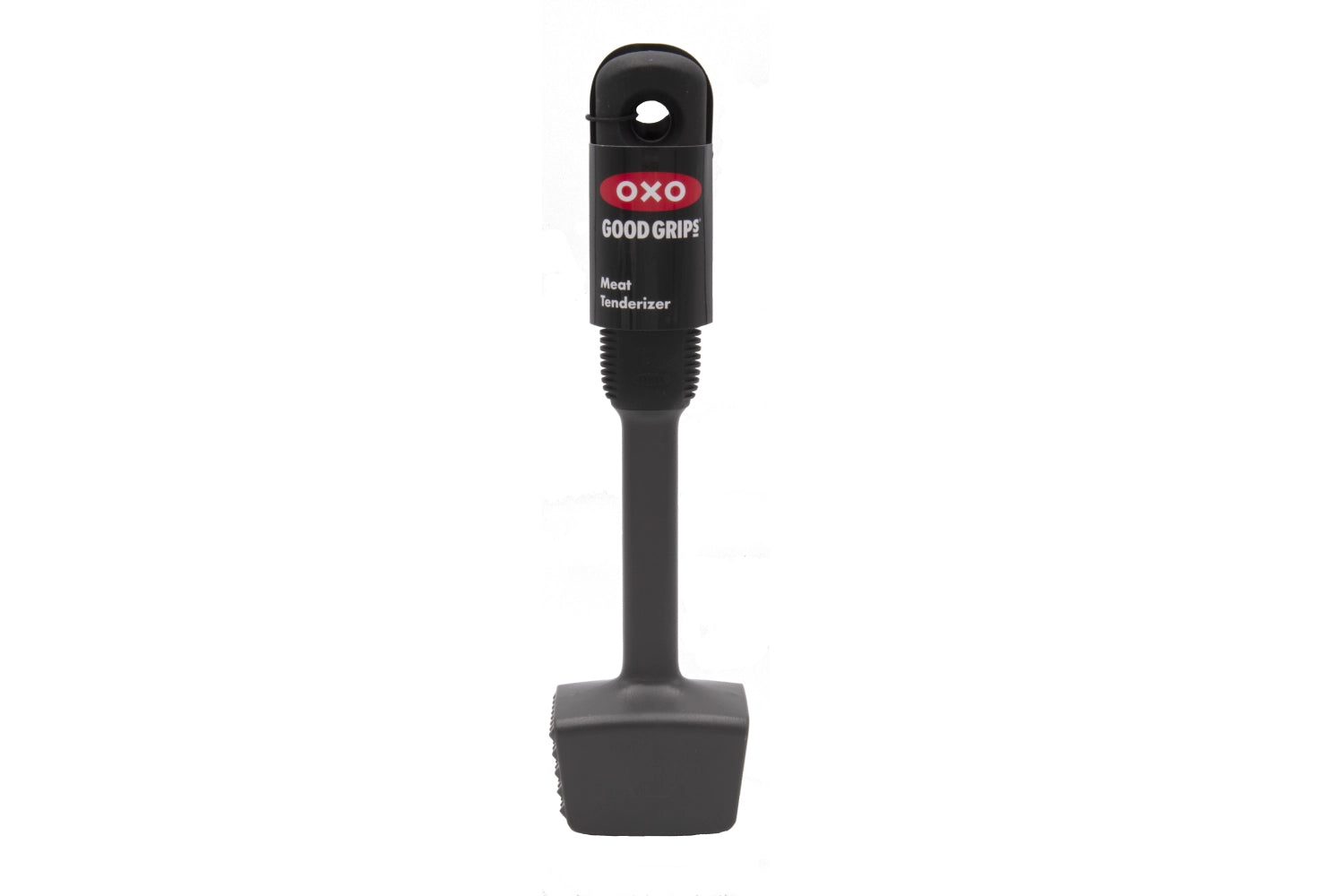 Grau-weißer Good Grips Fleischhammer aus Kunststoff von OXO, ideal zum Zartklopfen von Fleisch und für die Zubereitung von Gerichten.