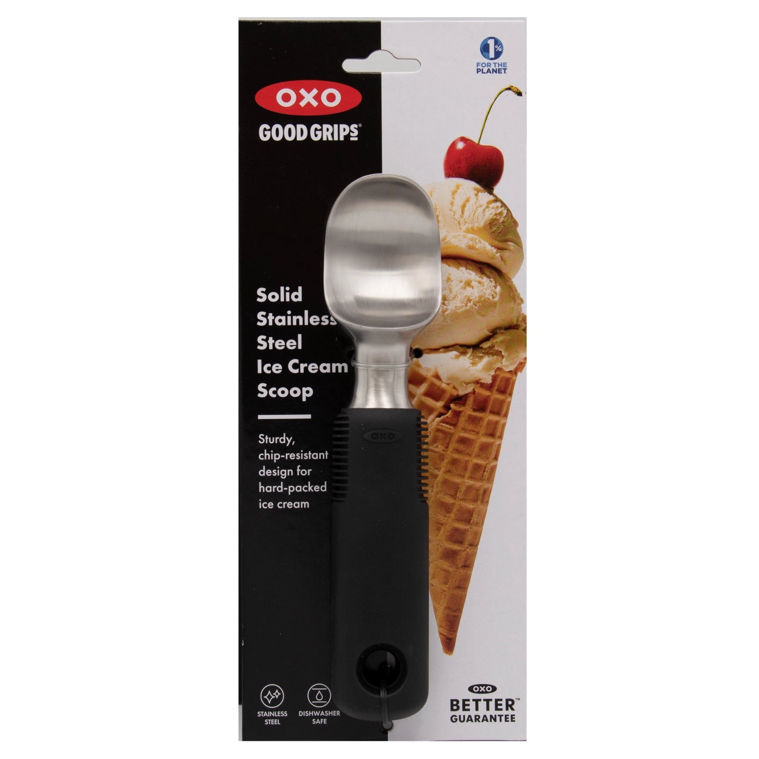 Hochwertiger Edelstahl-Gelöffel von OXO, ideal zum mühelosen Servieren von gefrorenen Desserts, ausgestattet mit ergonomischem, rutschfestem Griff.