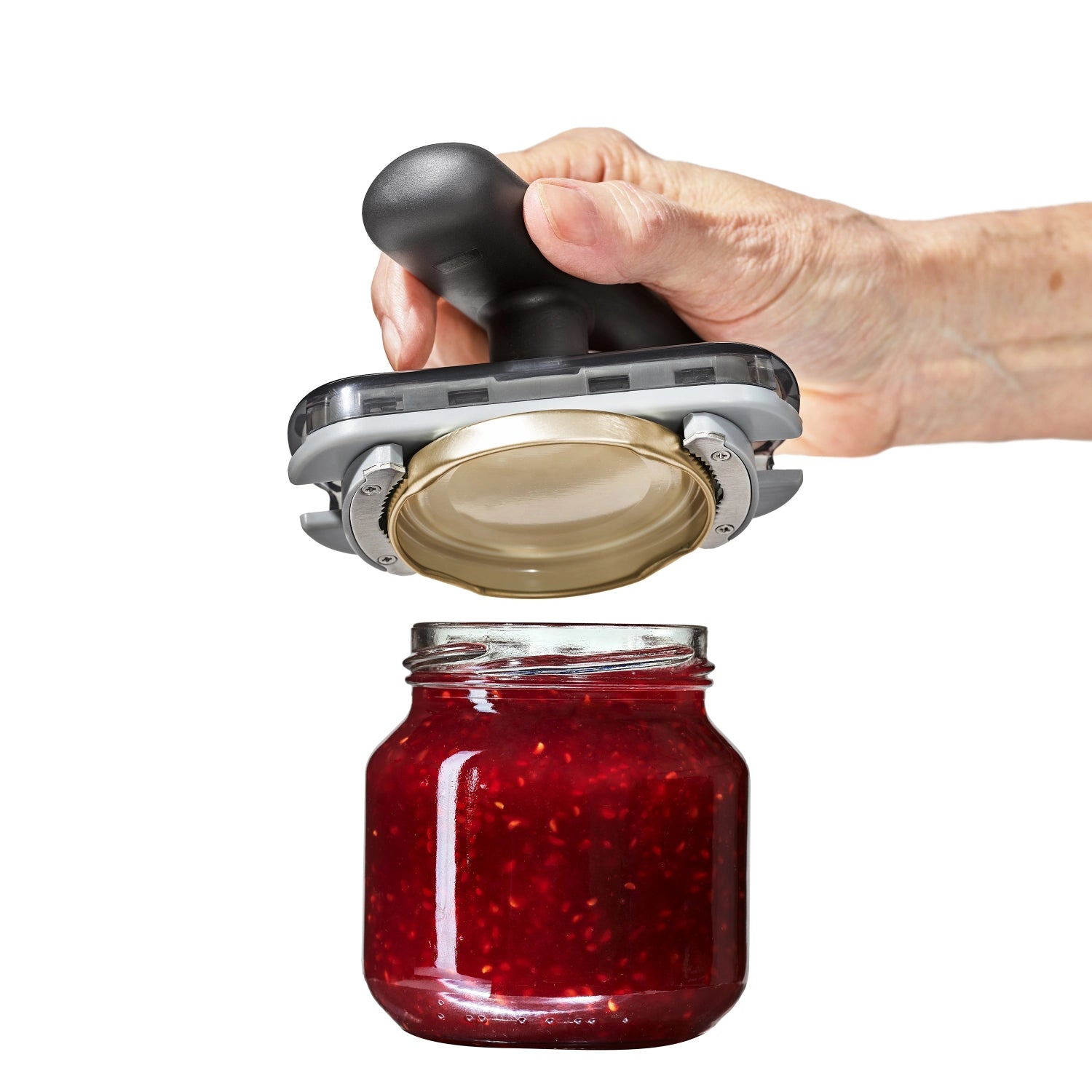 Der OXO Good Grips Glasöffner mit rutschfester Unterlage sorgt für sicheren Halt und müheloses Öffnen von Gläsern, perfekt für jede Küche.