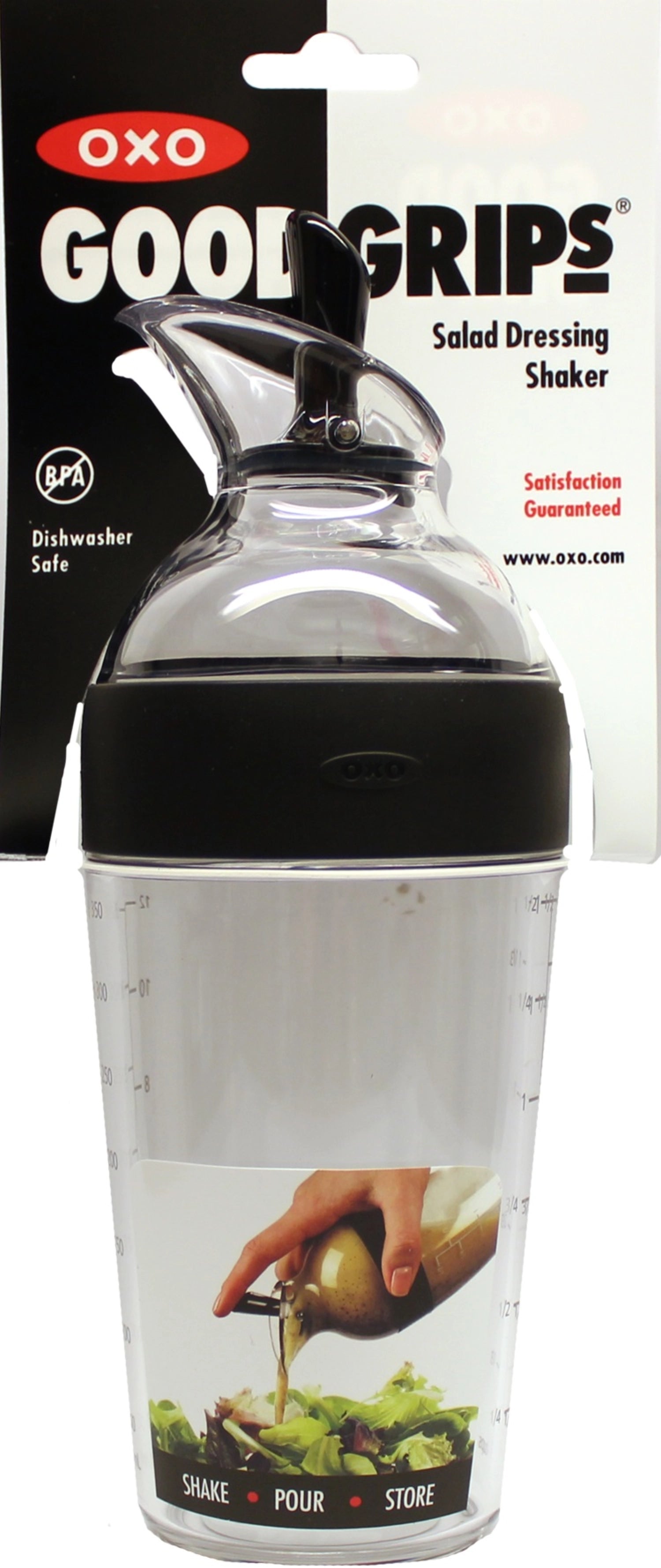 Eleganter 350ml Shaker für Salatdressings in Schwarz von OXO, ideal zum Mischen und Ausgießen von Saucen und Dressings.