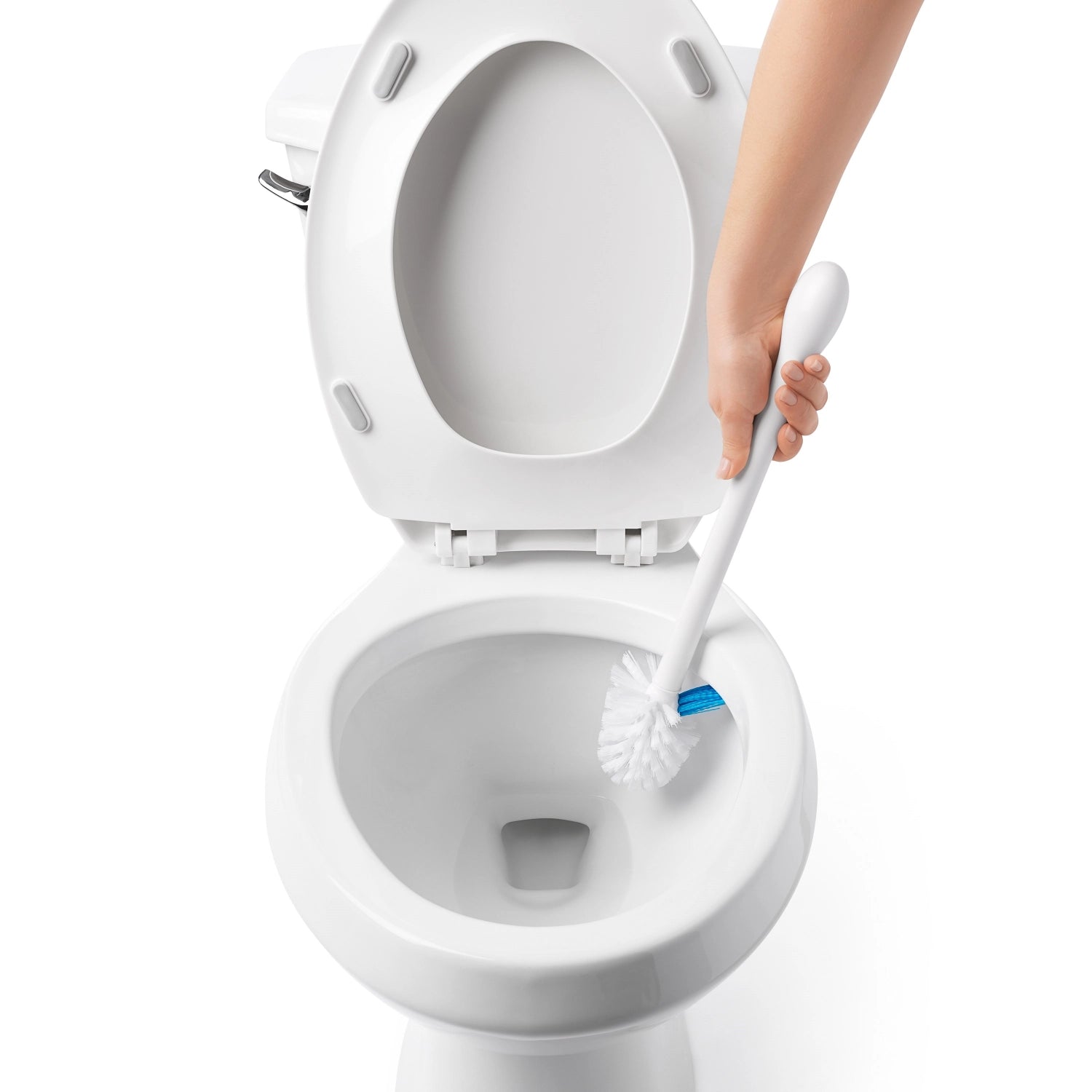 Praktische OXO Good Grips Toilettenbürste mit integriertem Randreiniger, ideal für gründliche Reinigung und Pflege von Toiletten.