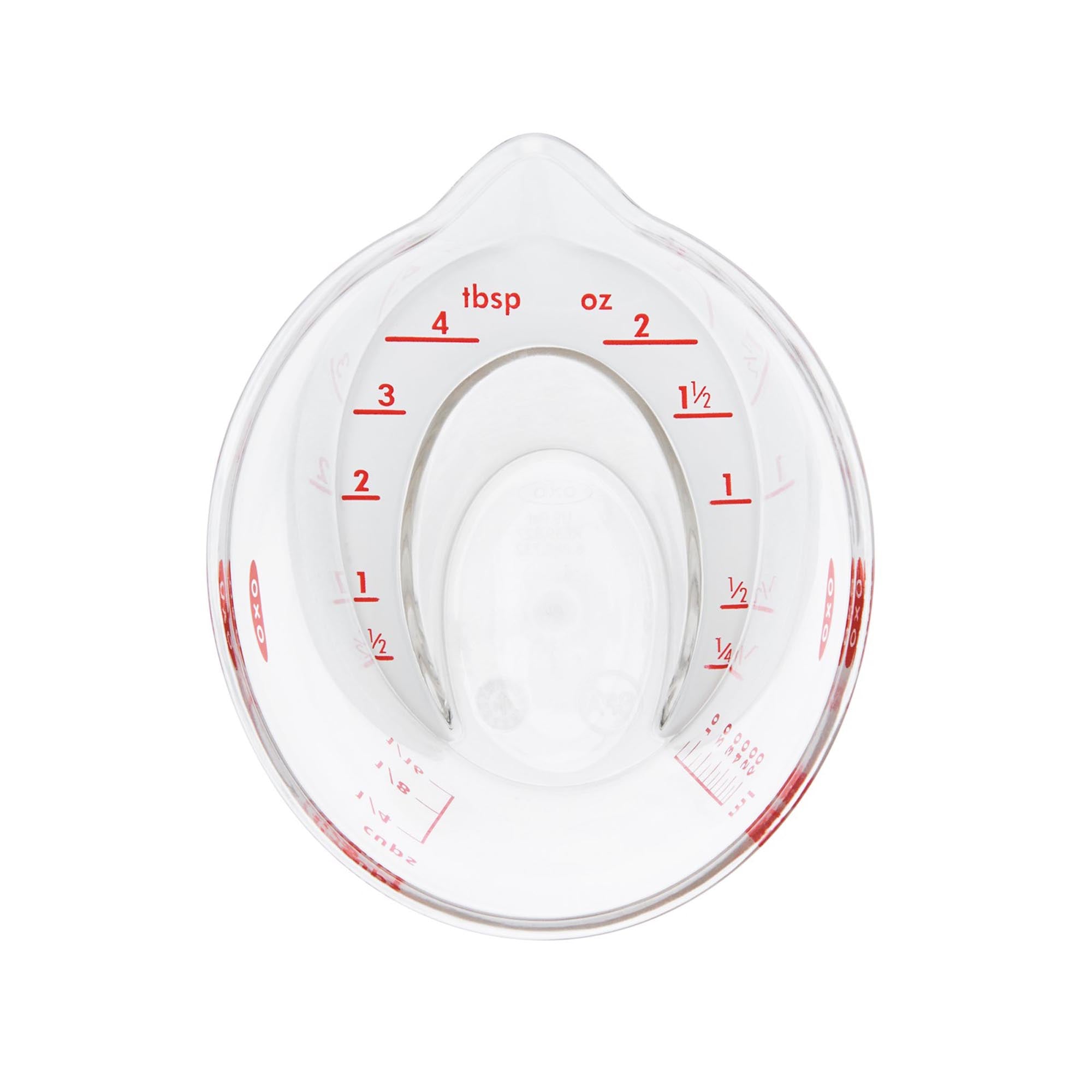 Kompakter 60 ml Messbecher von OXO mit innovativem Design für exaktes Ausgiessen. Ideal für Backen, Kochen und Cocktails. Leicht zu reinigen.