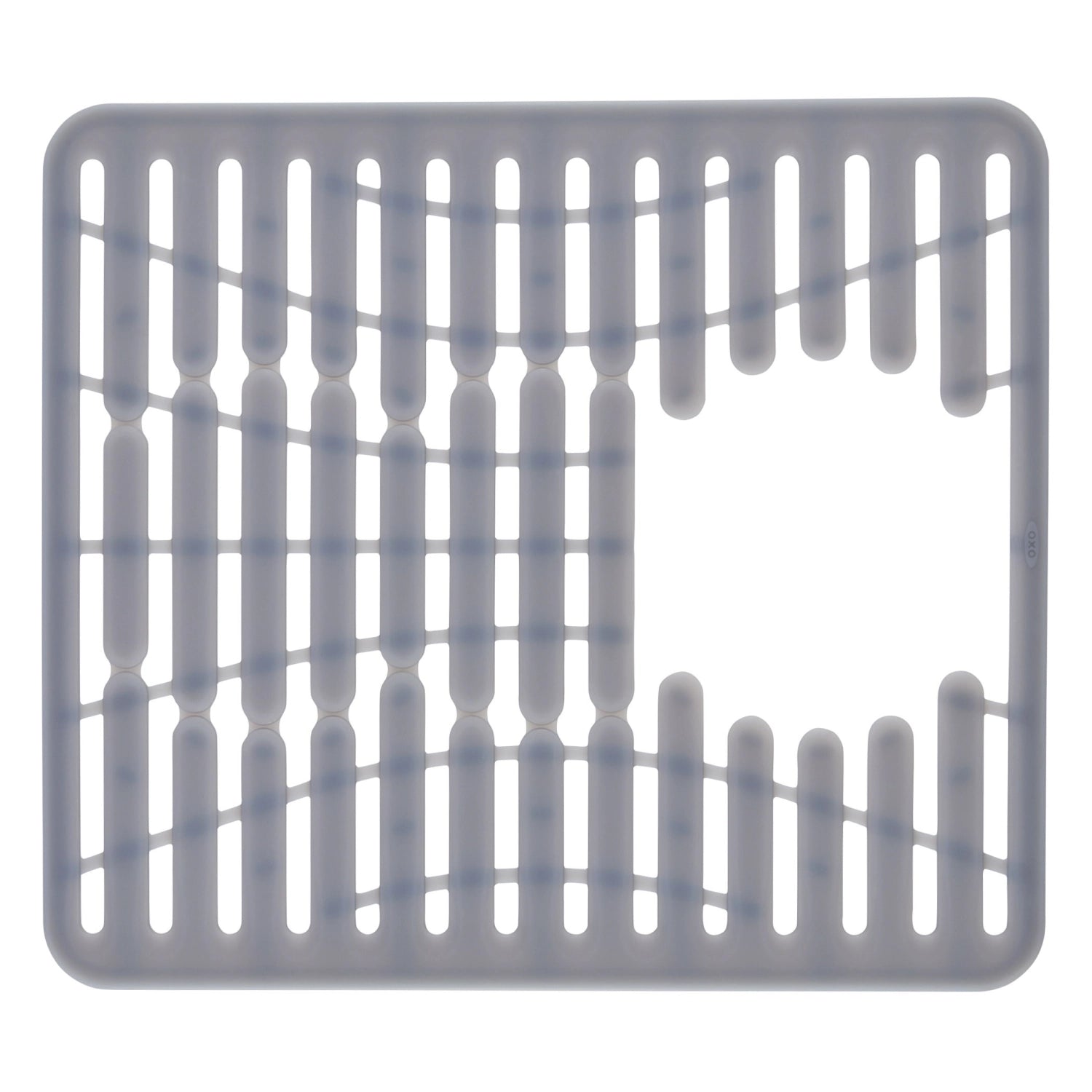 Kleine graue Silikonmatte (32x28 cm) von OXO, ideal zum Abtropfen von Geschirr und zum Schutz des Spülbeckens vor Kratzern.