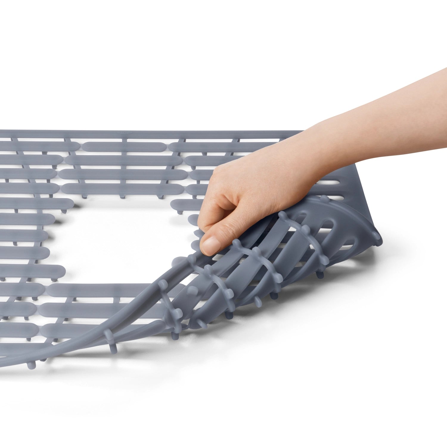 Große graue Silikonmatte für Spülbecken von OXO (43x32 cm), perfekt zum Abtropfen von Geschirr und zum Schutz vor Kratzern.