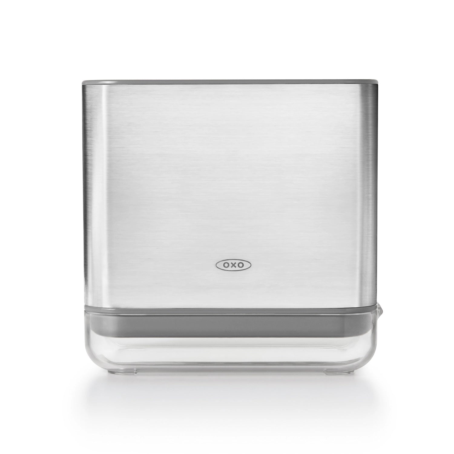 Elegante Spülaufbewahrungsbox aus Edelstahl von OXO, ideal für die ordentliche Aufbewahrung von Spülschwämmen und Bürsten.
