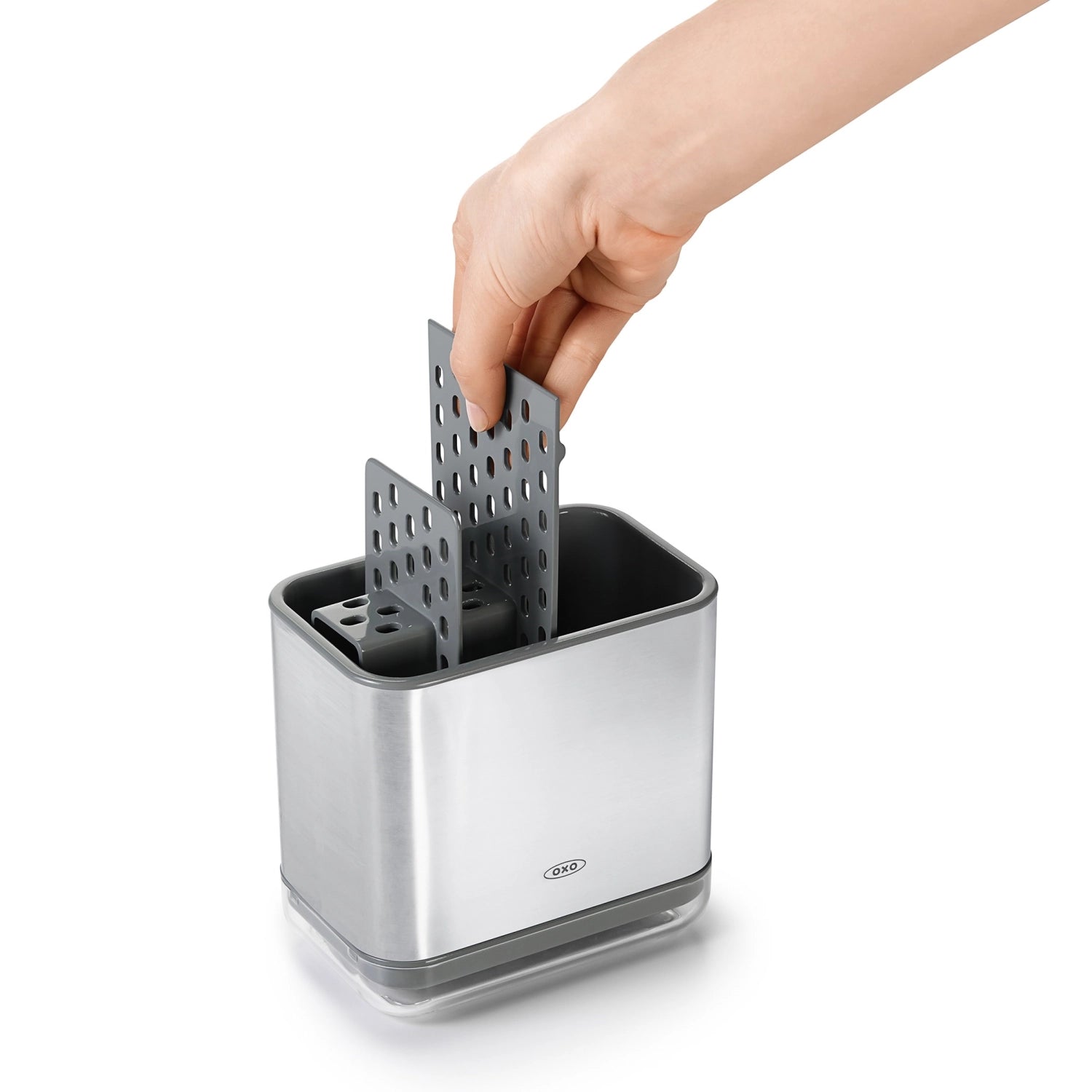 Elegante Spülbox aus Edelstahl von OXO, ideal zur Aufbewahrung von Schwämmen und Bürsten, sorgt für Ordnung und Sauberkeit in der Küche.