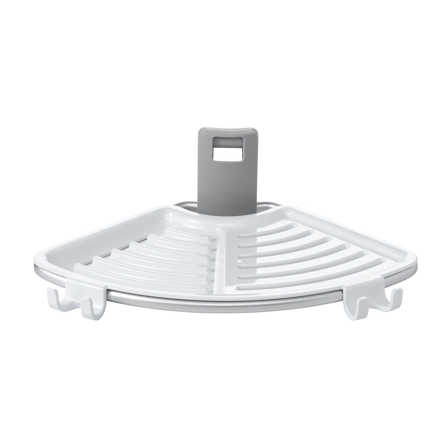 Stylisches Eck-Duschregal von OXO, ausgestattet mit einer flexiblen Spannstange aus Aluminium, perfekt für die organisierte Aufbewahrung in der Dusche.