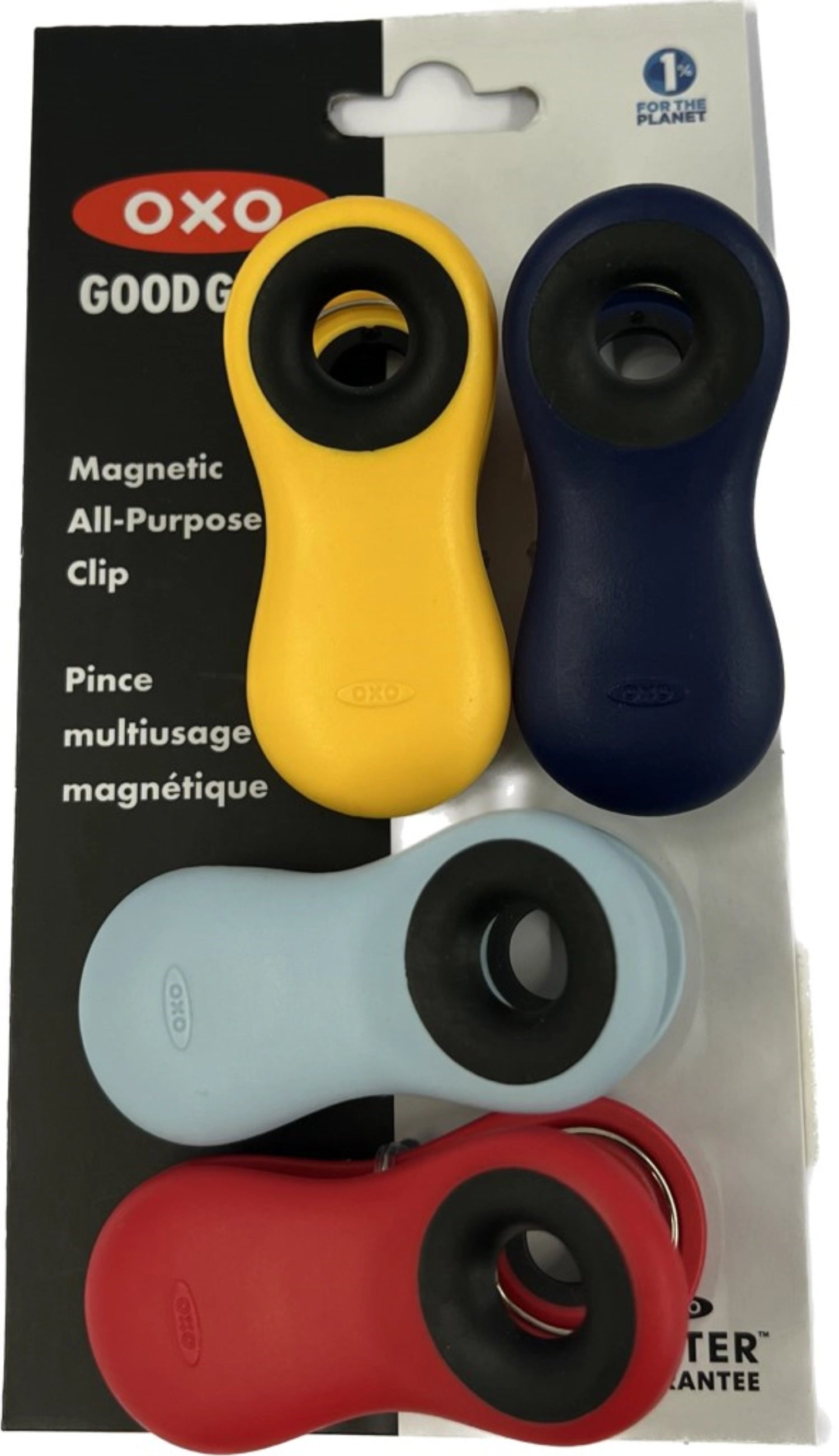 Praktische Good Grips Mehrzweck-Clips im Set mit 4 bunten Clips, perfekt zum sicheren Verschließen von Lebensmitteltüten und Folien, Größe 7.6x3.2cm.