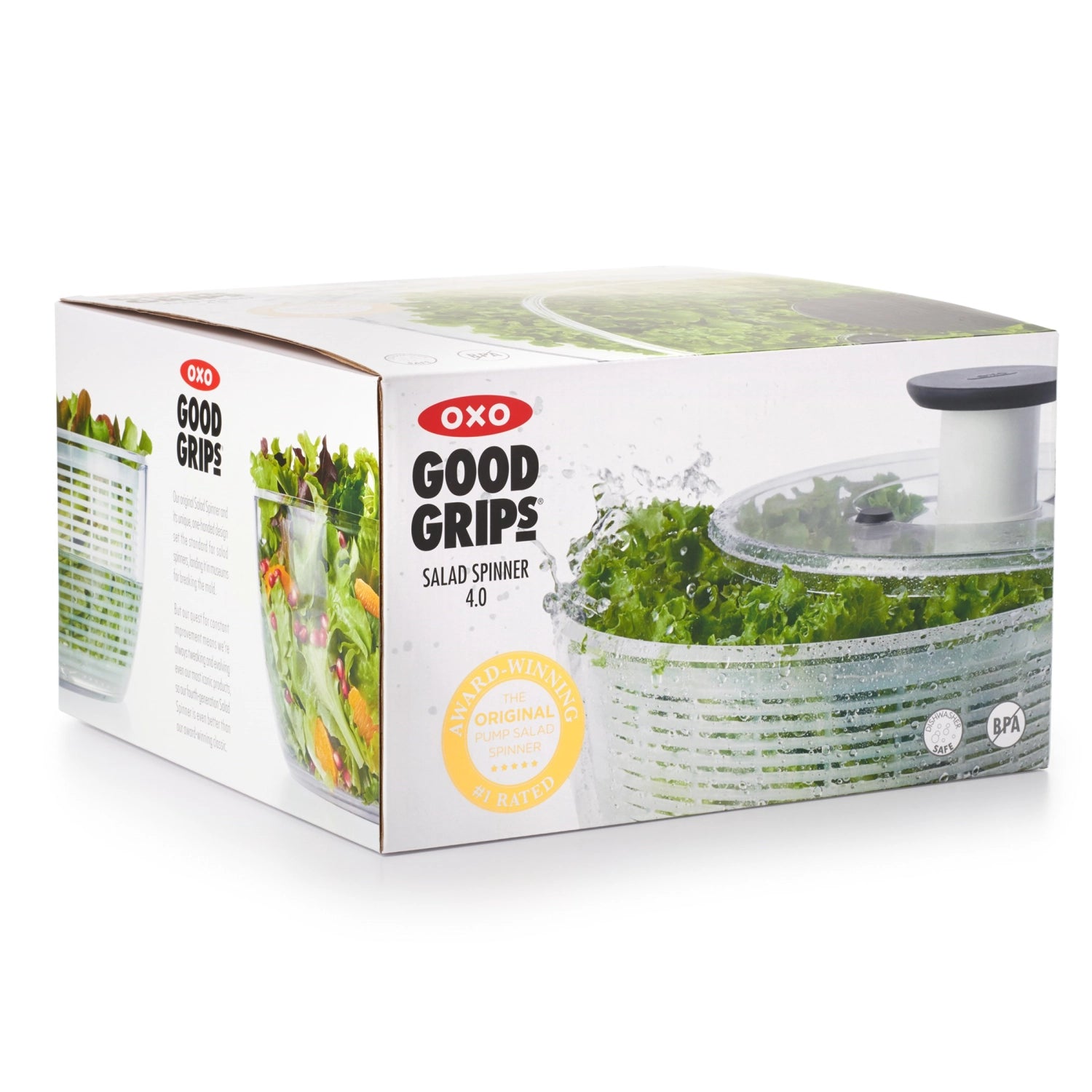 Transparente, große Salatschleuder von OXO mit 5,8 l Volumen und 26,7 cm Durchmesser – ideal für die Zubereitung frischer Salate.