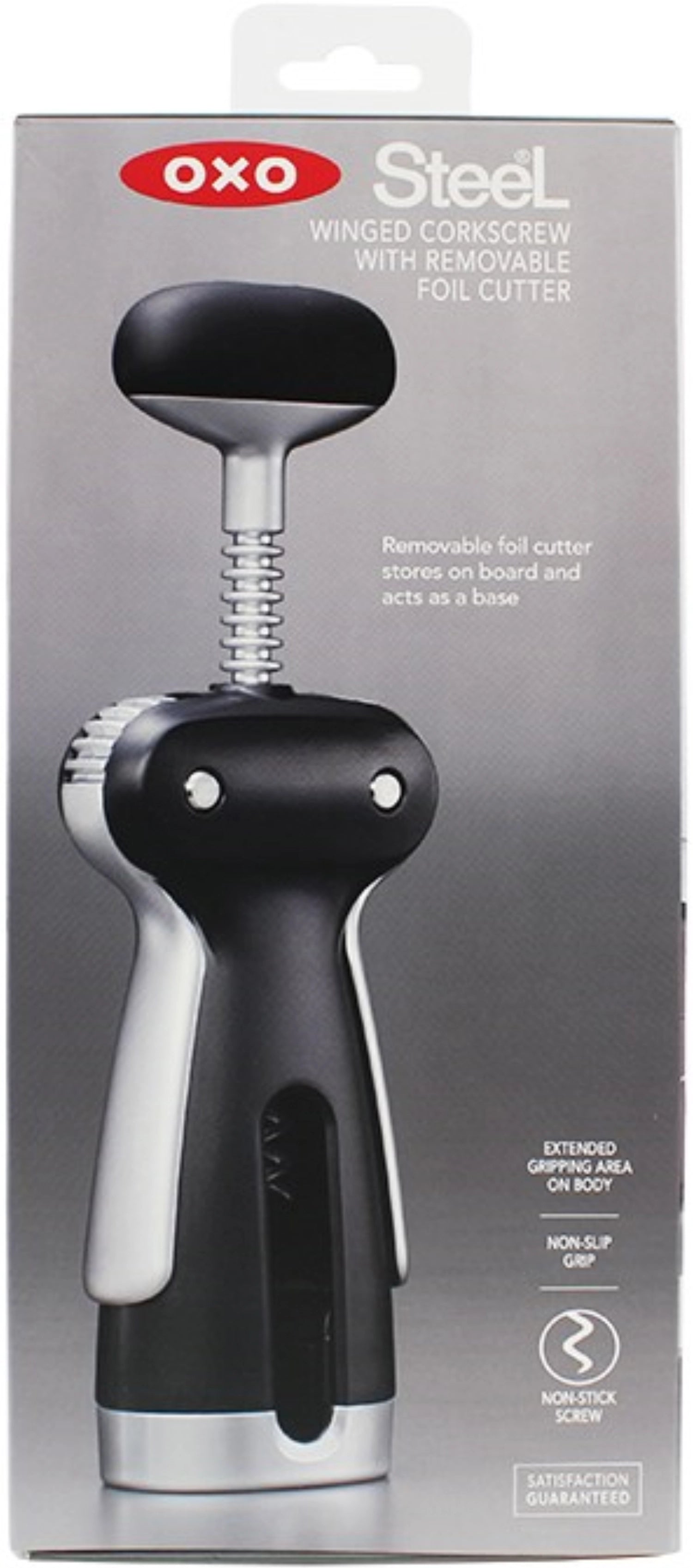 Der OXO Good Grips Korkenzieher aus Stahl in Schwarz bietet Komfort und Effizienz mit integriertem Folienschneider für müheloses Entkorken.