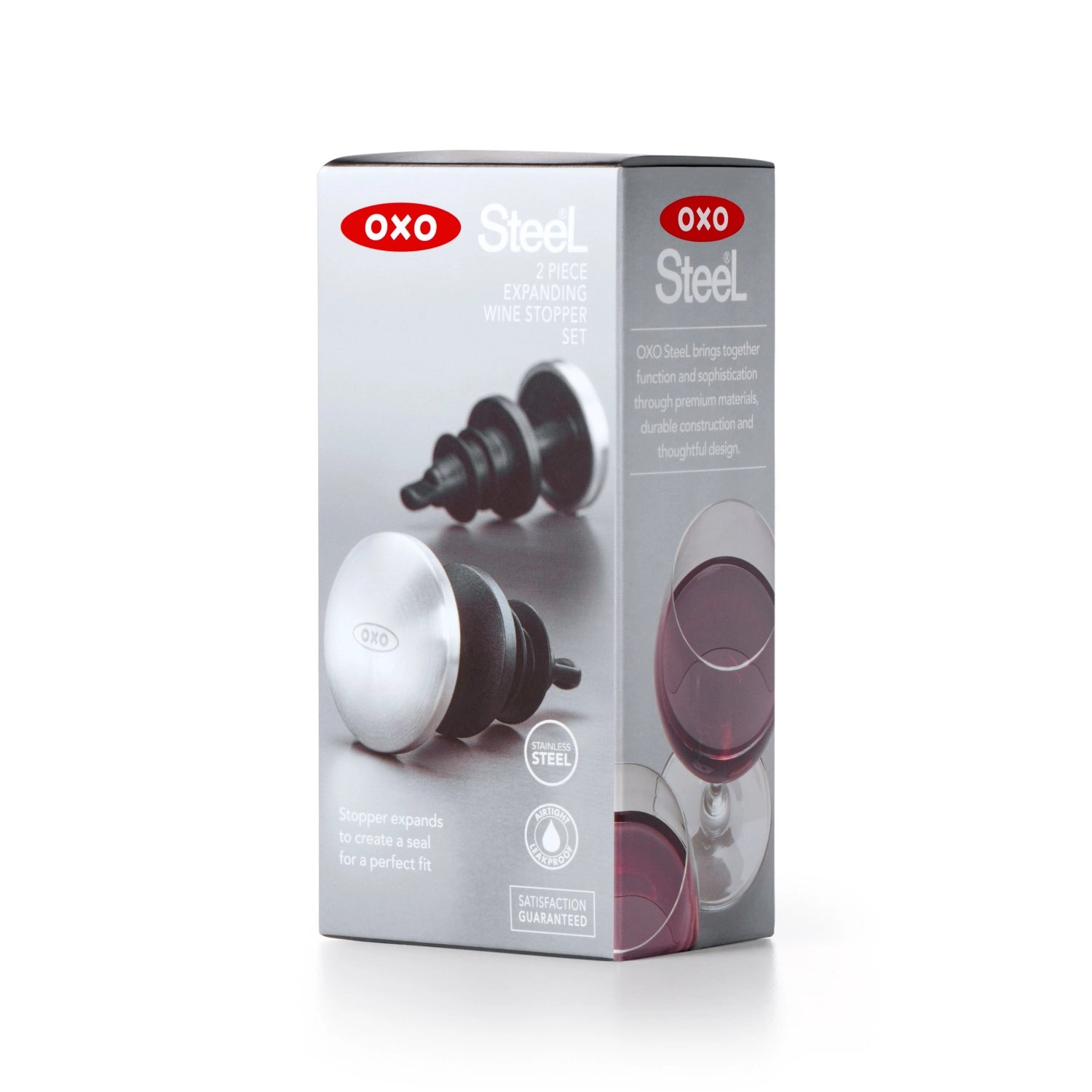 Das OXO Good Grips Steel Weinflaschenverschluss-Set (2er) sorgt für luftdichten Verschluss, bewahrt Frische und ist einfach zu bedienen.