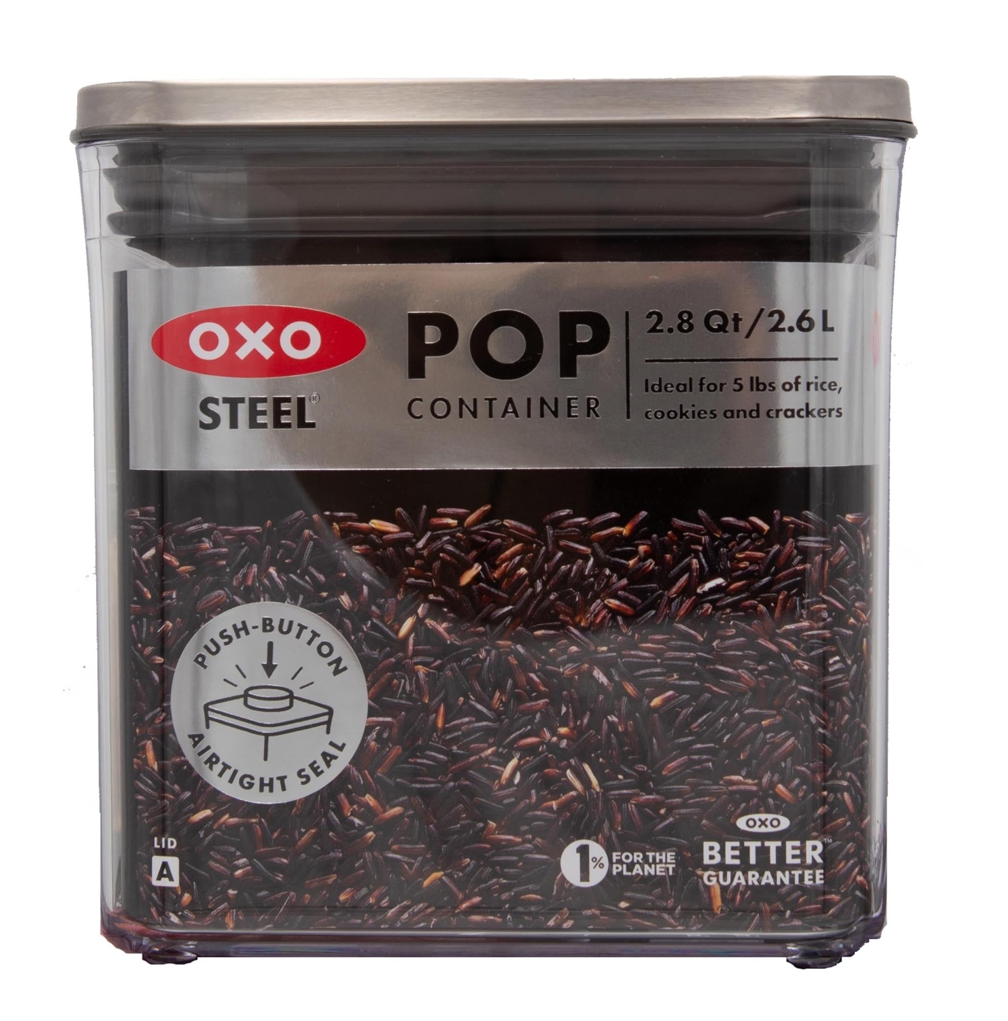 Kleiner, quadratischer OXO GG STL POP Behälter (2,6L) aus Edelstahl, luftdicht, stapelbar, BPA-frei, ideal für Lebensmittel.